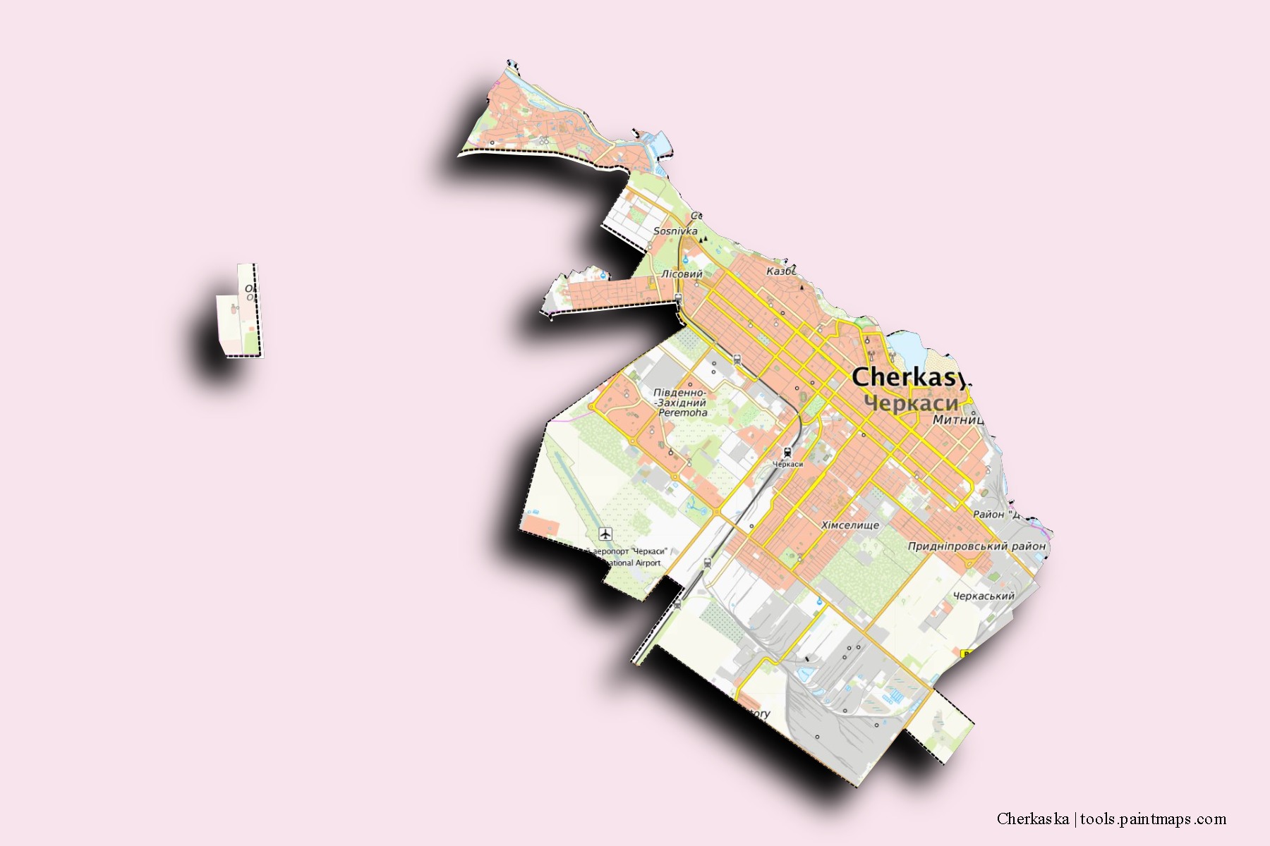 Cherkas'ka neighborhoods and villages map with 3D shadow effect