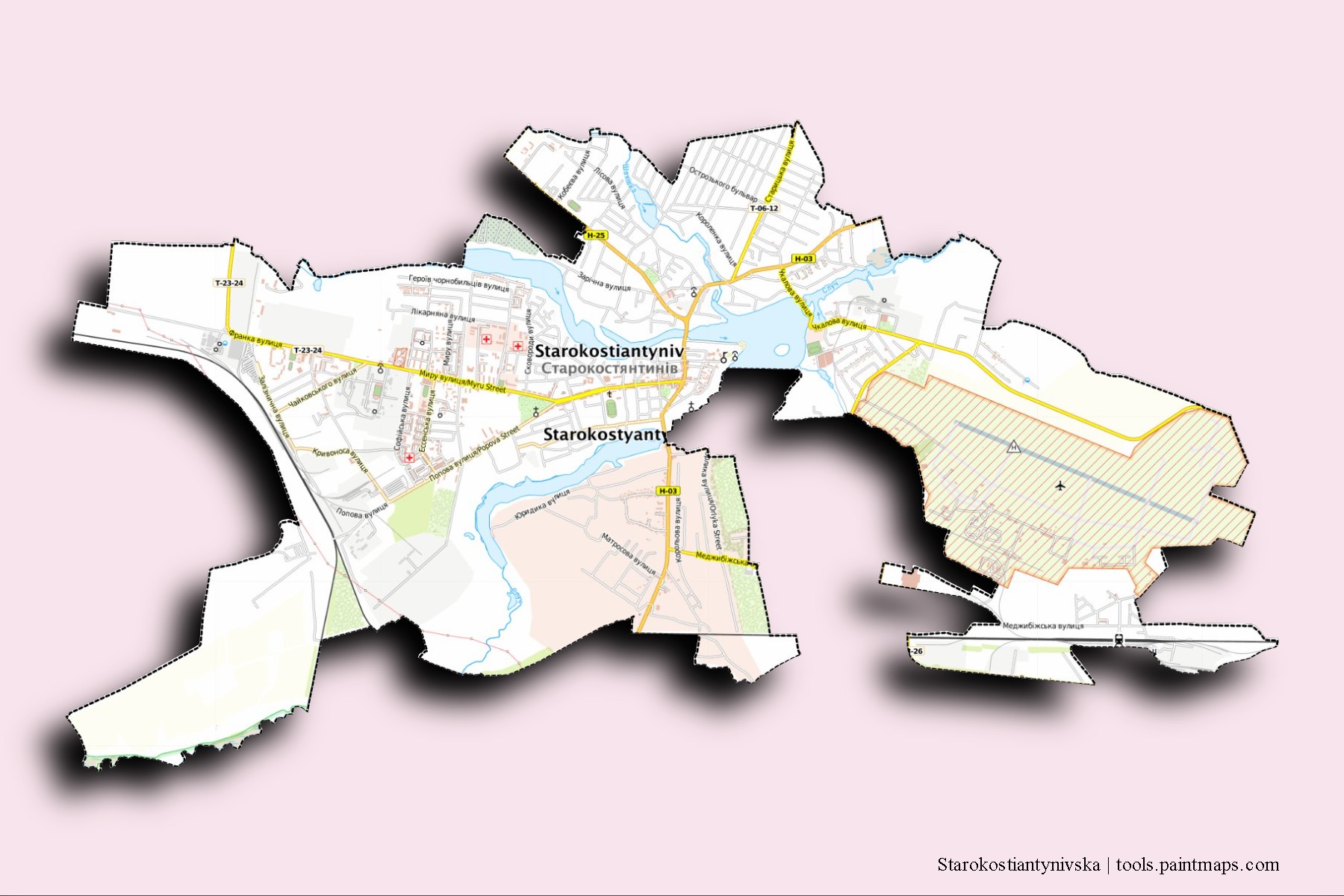 Mapa de barrios y pueblos de Starokostiantynivska con efecto de sombra 3D