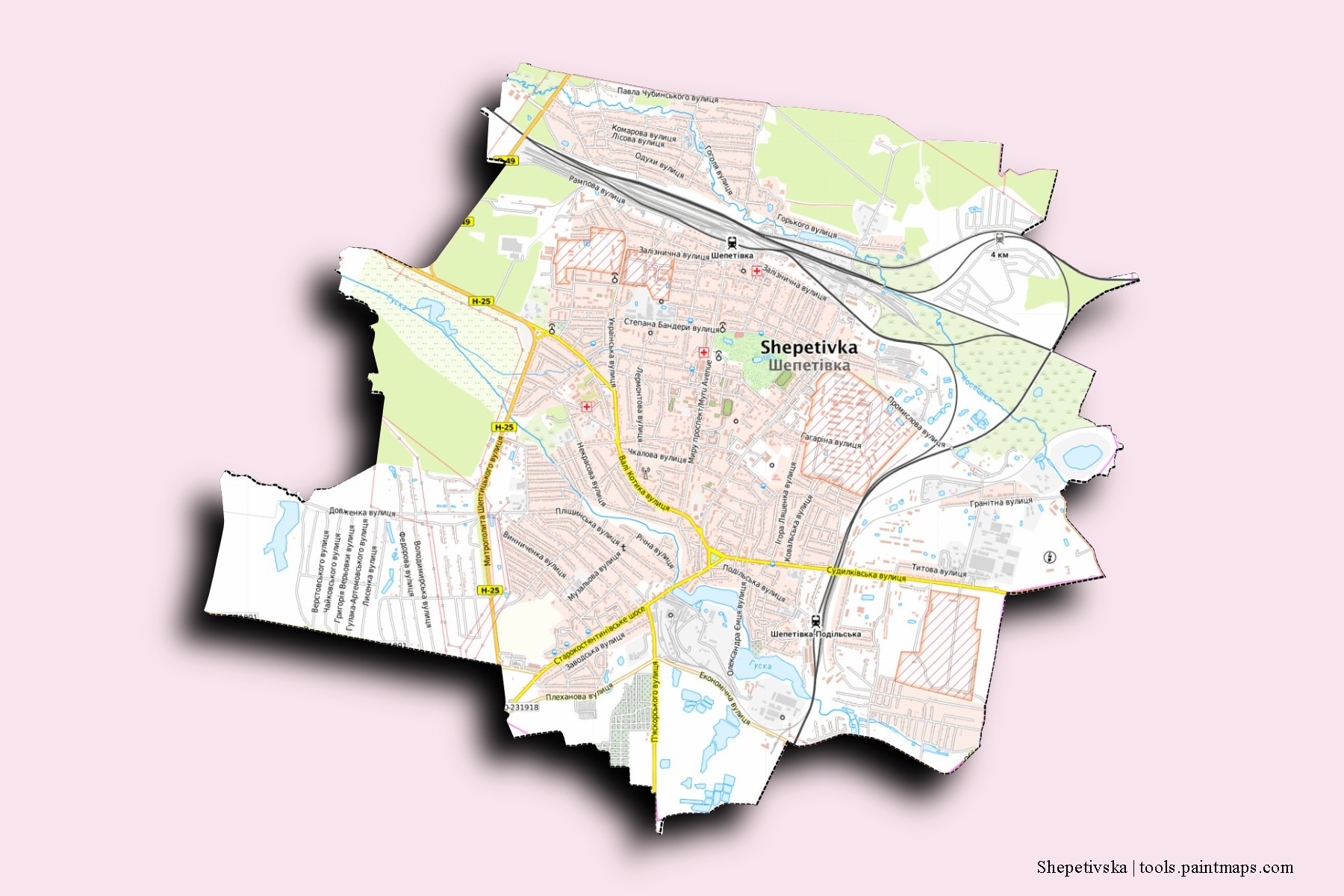 Mapa de barrios y pueblos de Shepetivska con efecto de sombra 3D