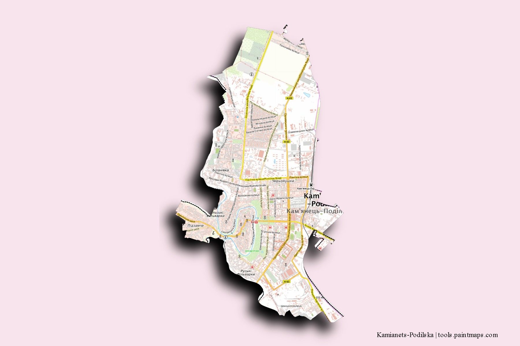 Mapa de barrios y pueblos de Kamianets-Podilska con efecto de sombra 3D