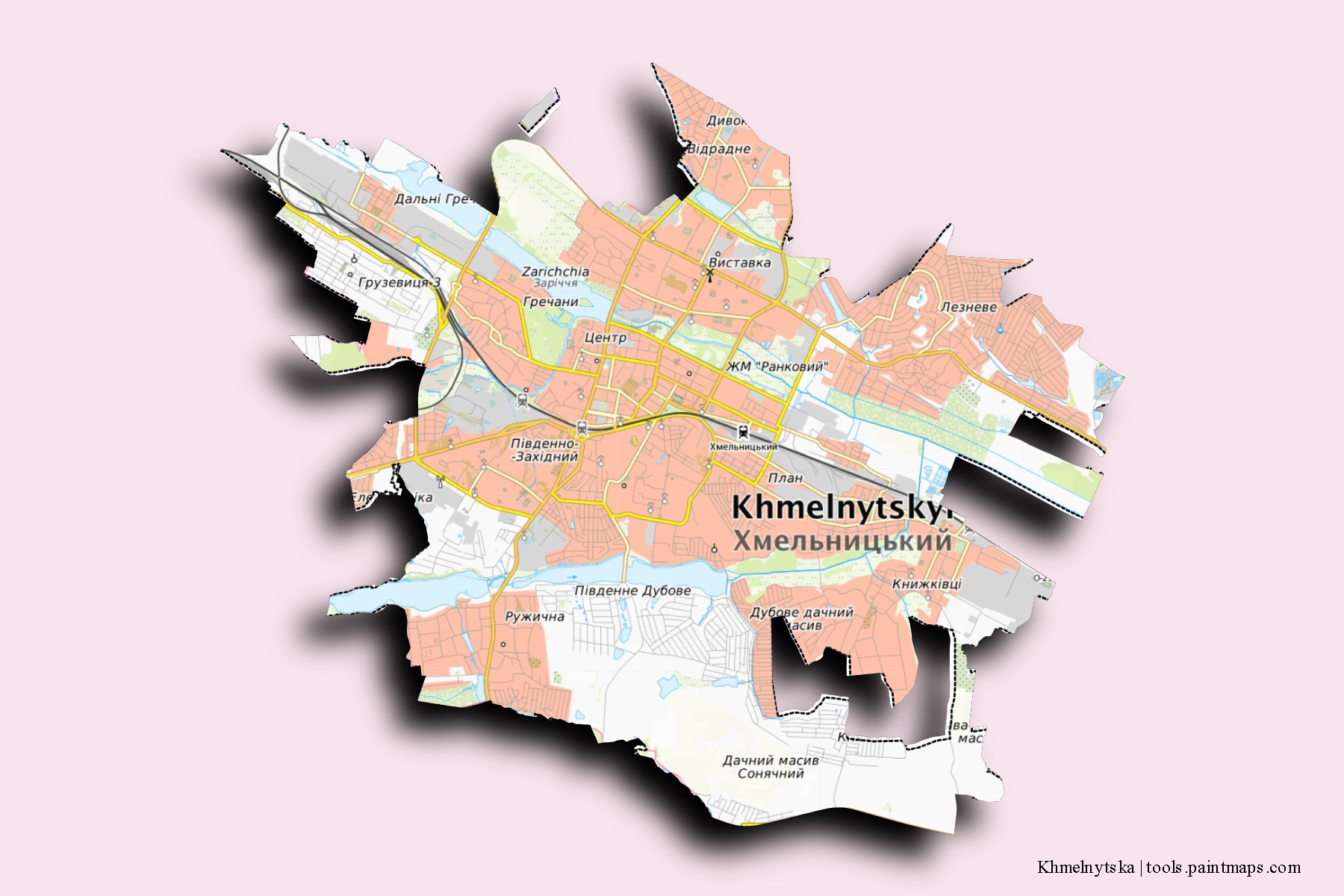 3D gölge efektli Khmelnytska mahalleleri ve köyleri haritası