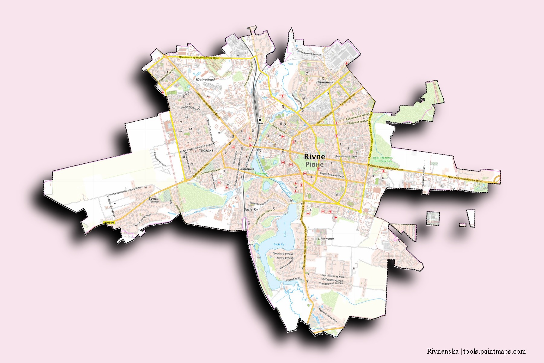 Mapa de barrios y pueblos de Rivnenska con efecto de sombra 3D