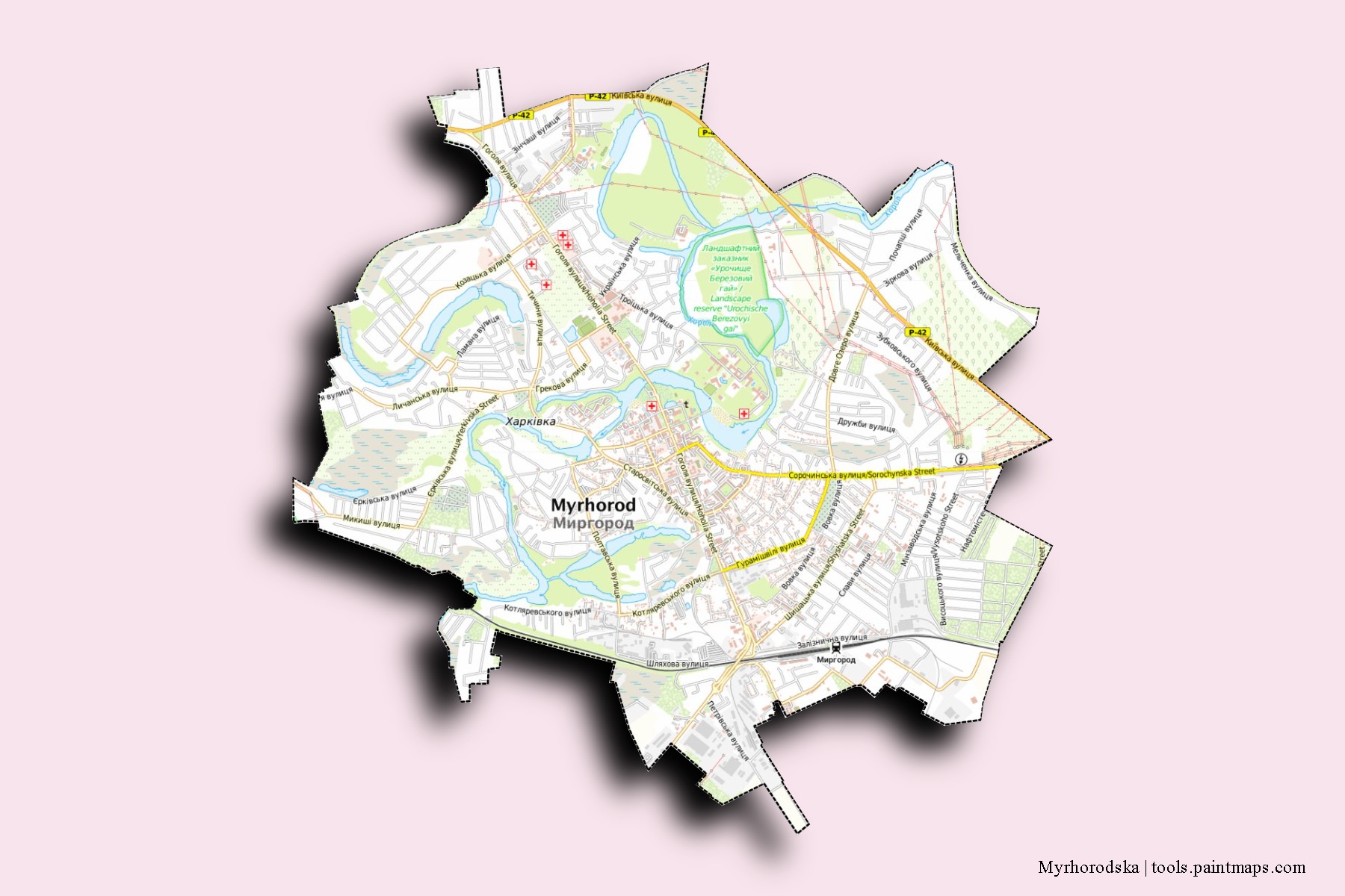 Mapa de barrios y pueblos de Myrhorodska con efecto de sombra 3D