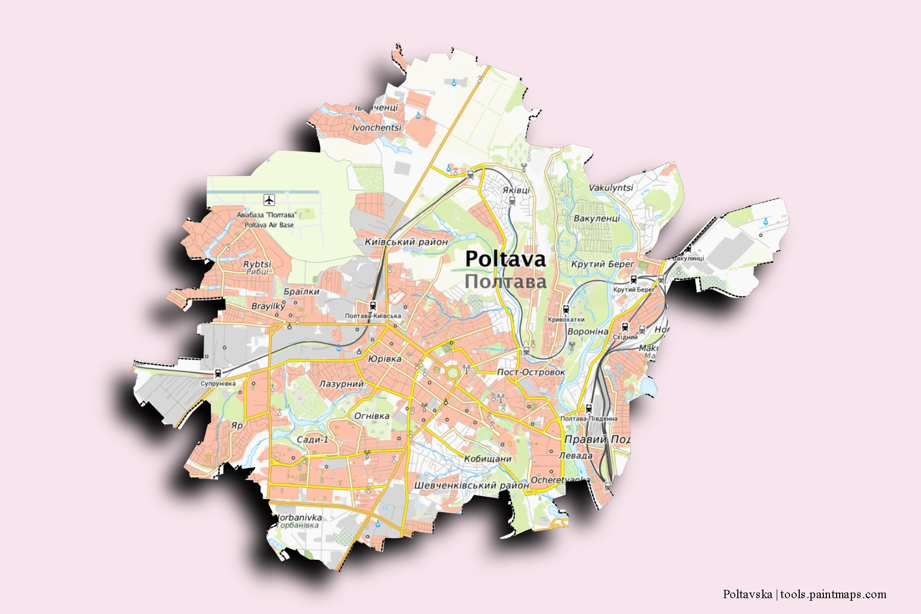 Mapa de barrios y pueblos de Poltavska con efecto de sombra 3D