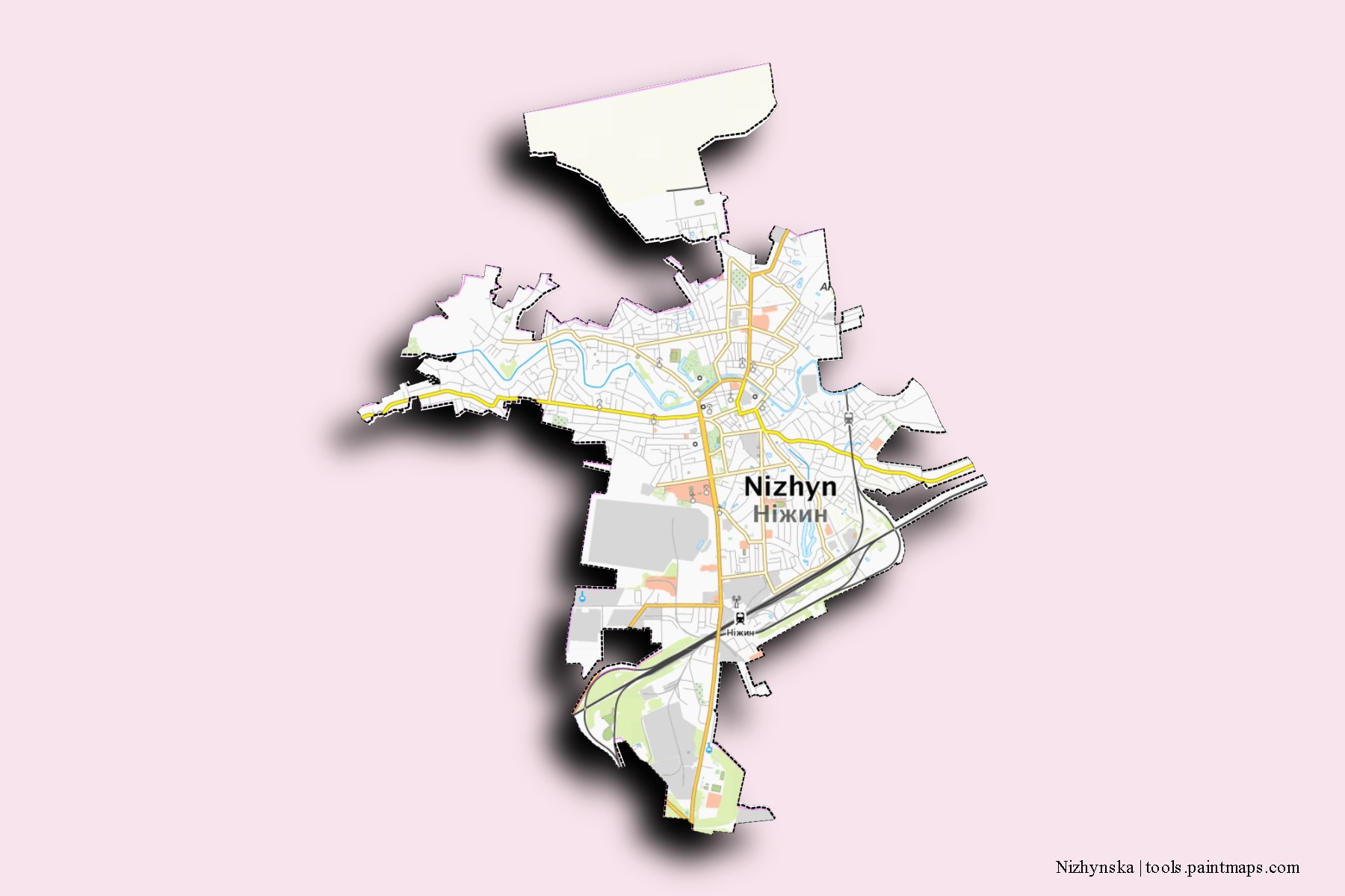 Mapa de barrios y pueblos de Nizhynska con efecto de sombra 3D