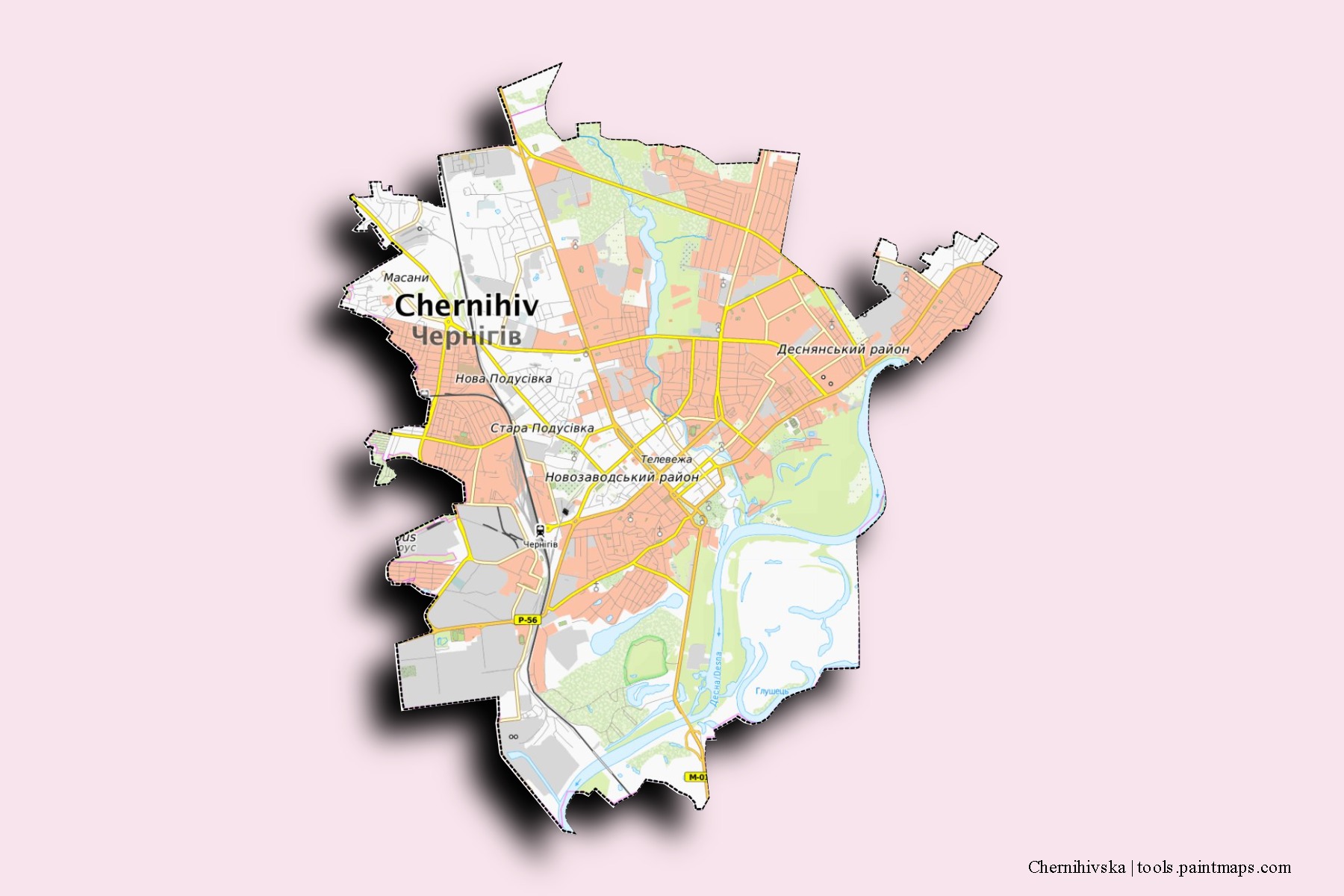 3D gölge efektli Chernihivska mahalleleri ve köyleri haritası