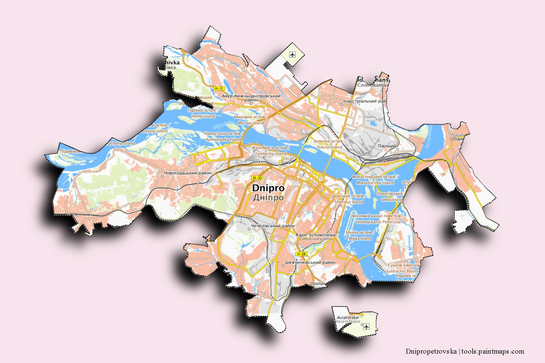 Mapa de barrios y pueblos de Dnipropetrovska con efecto de sombra 3D