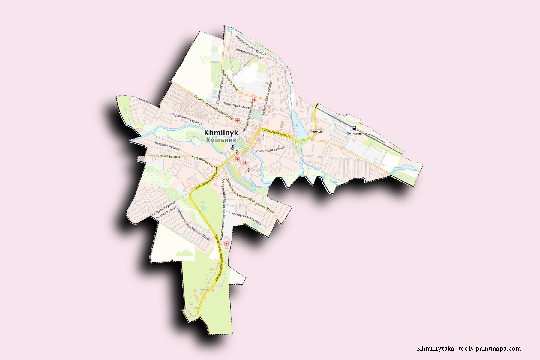 Mapa de barrios y pueblos de Khmilnytska con efecto de sombra 3D