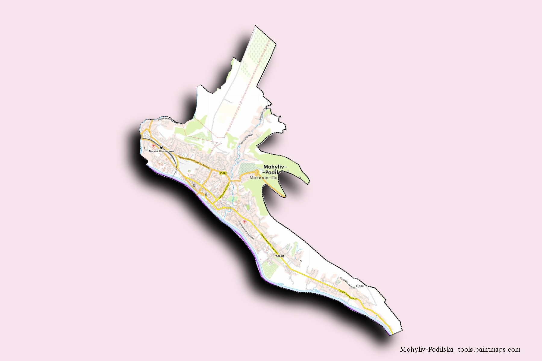 Mapa de barrios y pueblos de Mohyliv-Podilska con efecto de sombra 3D