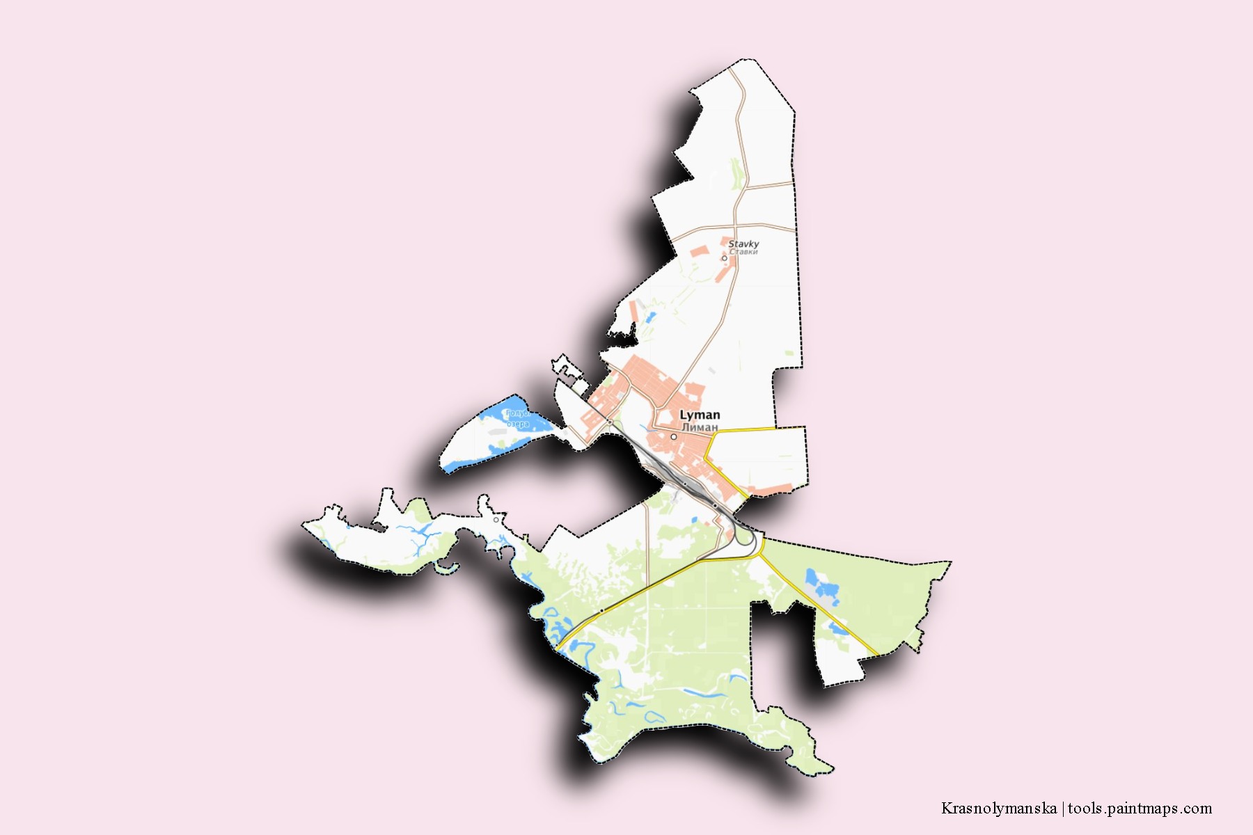 Mapa de barrios y pueblos de Krasnolymanska con efecto de sombra 3D