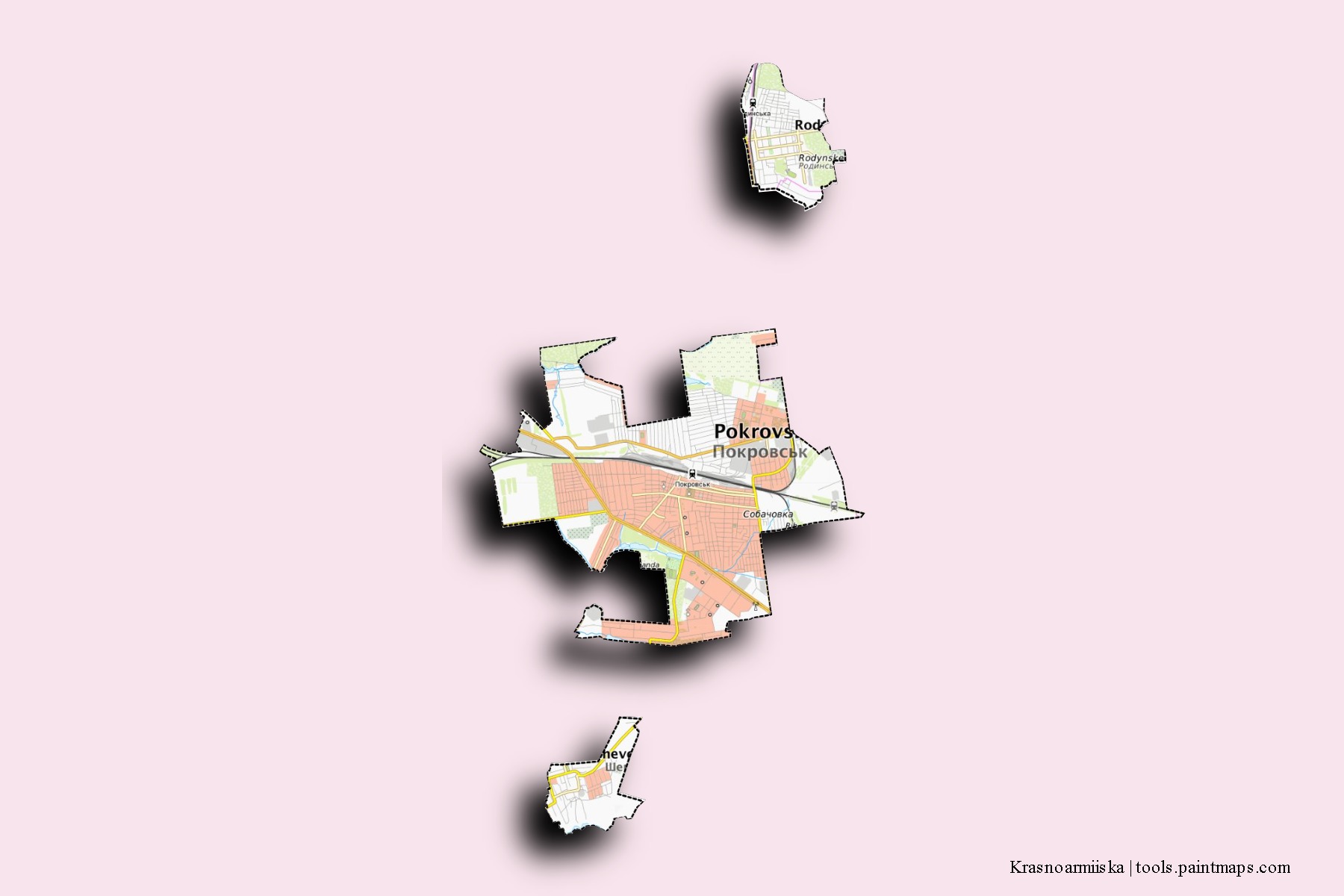 Krasnoarmiiska neighborhoods and villages map with 3D shadow effect