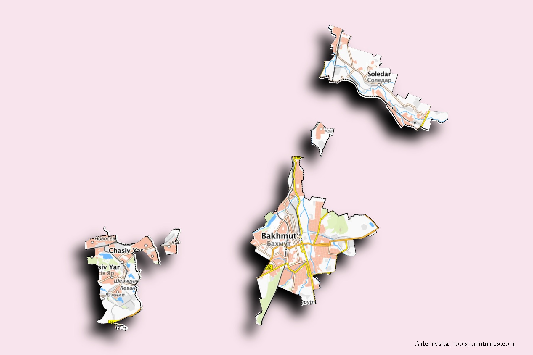 3D gölge efektli Artemivska mahalleleri ve köyleri haritası