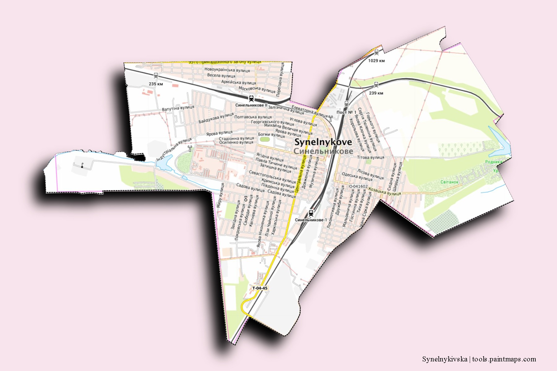 Synelnykivska neighborhoods and villages map with 3D shadow effect