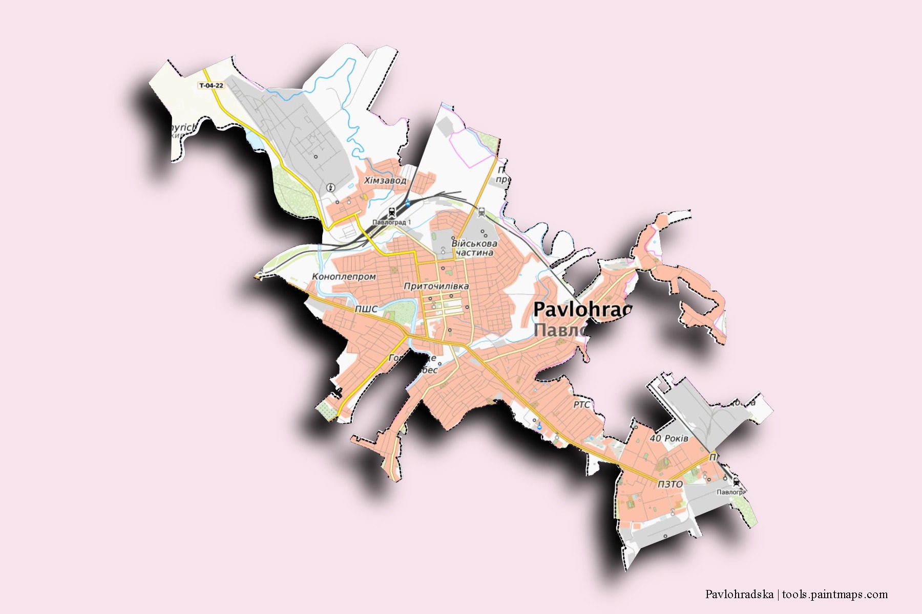 Mapa de barrios y pueblos de Pavlohradska con efecto de sombra 3D