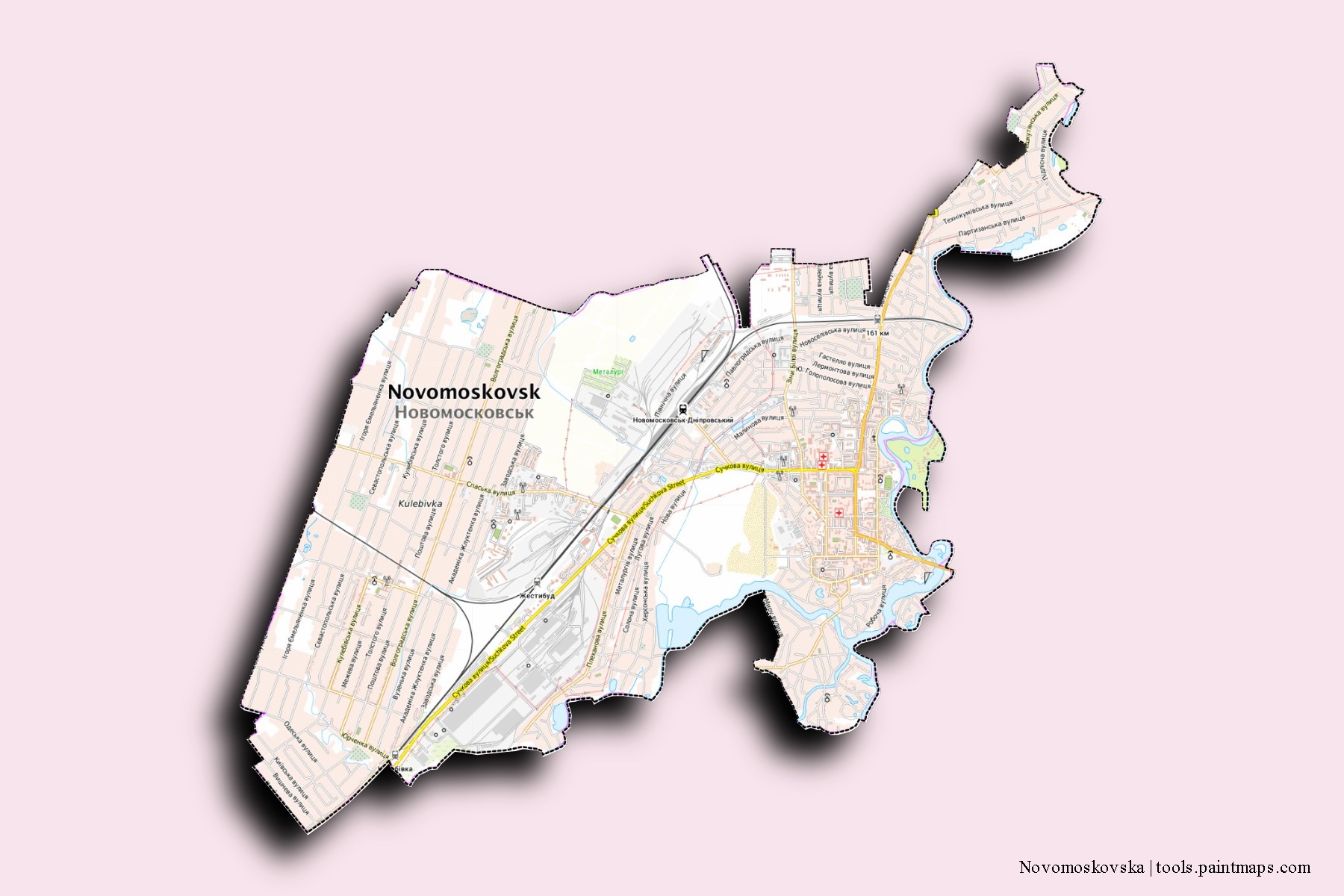 Mapa de barrios y pueblos de Novomoskovska con efecto de sombra 3D