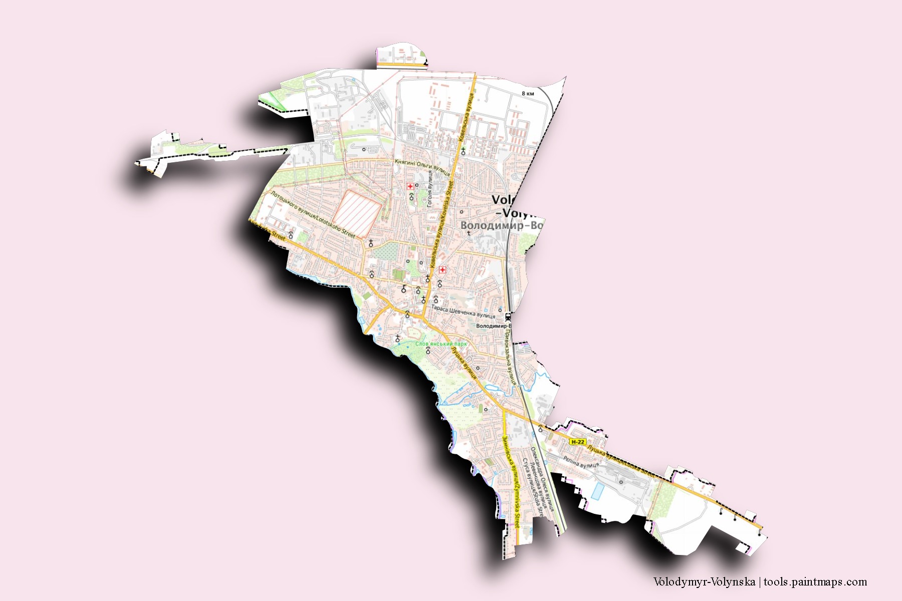 Mapa de barrios y pueblos de Volodymyr-Volynska con efecto de sombra 3D