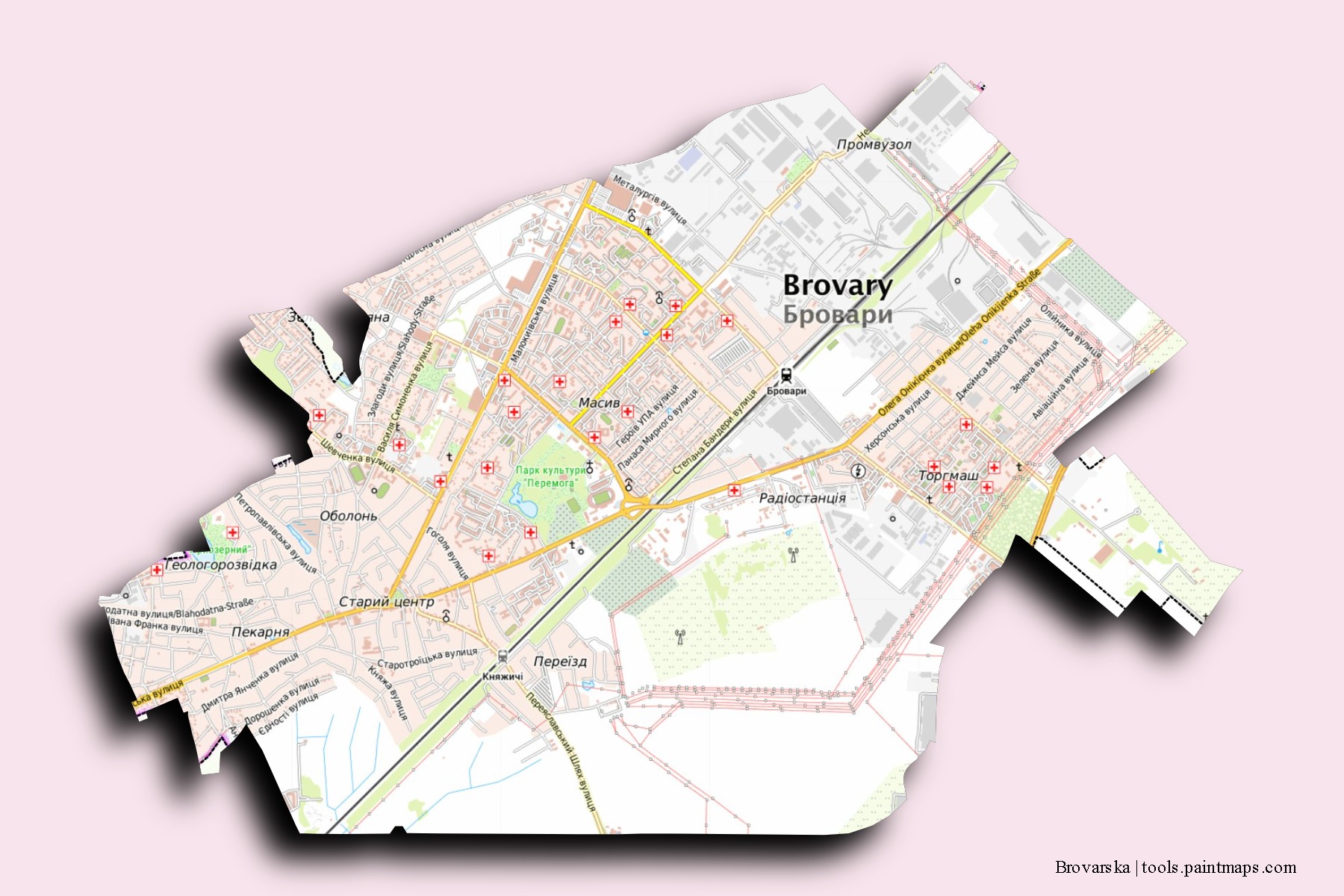 Mapa de barrios y pueblos de Brovarska con efecto de sombra 3D