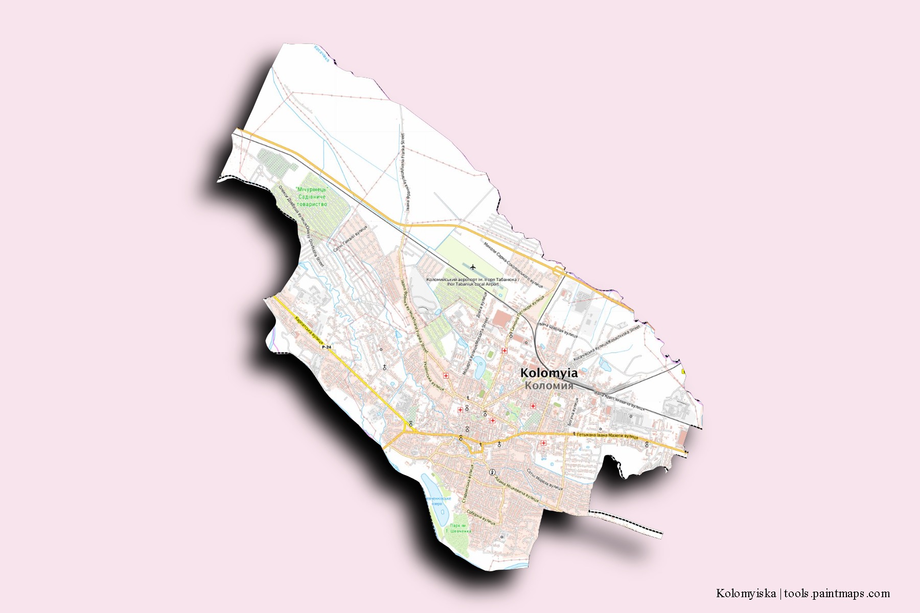 Mapa de barrios y pueblos de Kolomyiska con efecto de sombra 3D