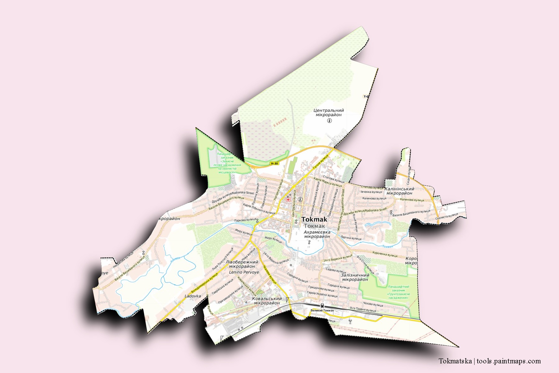 Mapa de barrios y pueblos de Tokmatska con efecto de sombra 3D