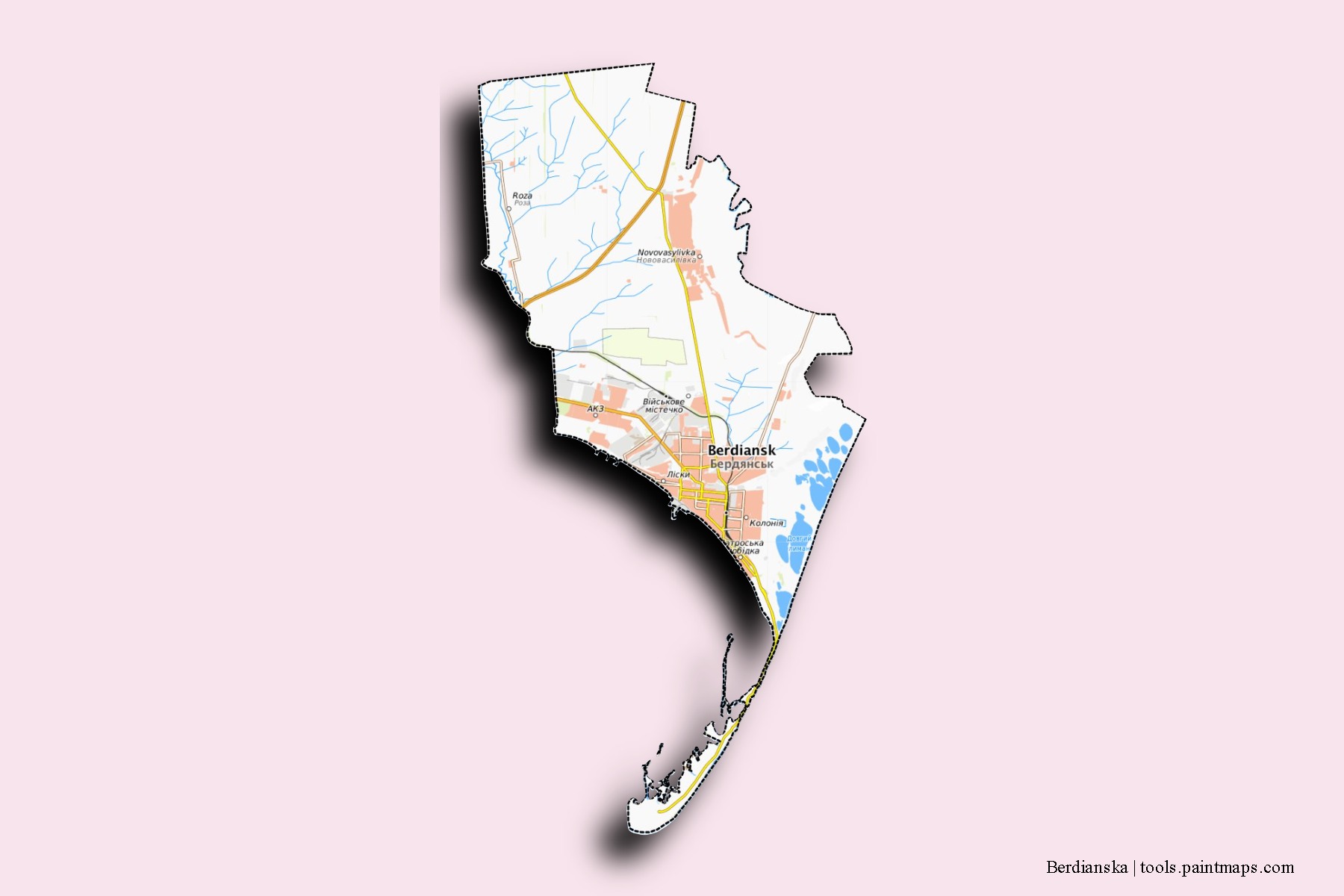 Mapa de barrios y pueblos de Berdianska con efecto de sombra 3D