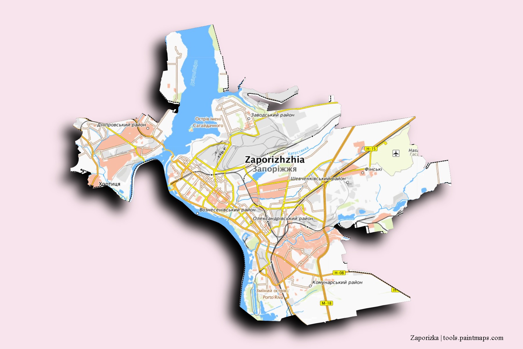 3D gölge efektli Zaporizka mahalleleri ve köyleri haritası