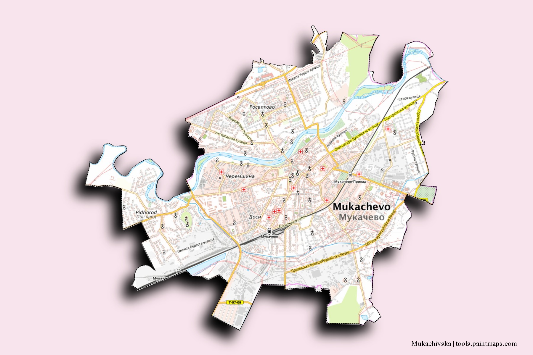 Mapa de barrios y pueblos de Mukachivska con efecto de sombra 3D