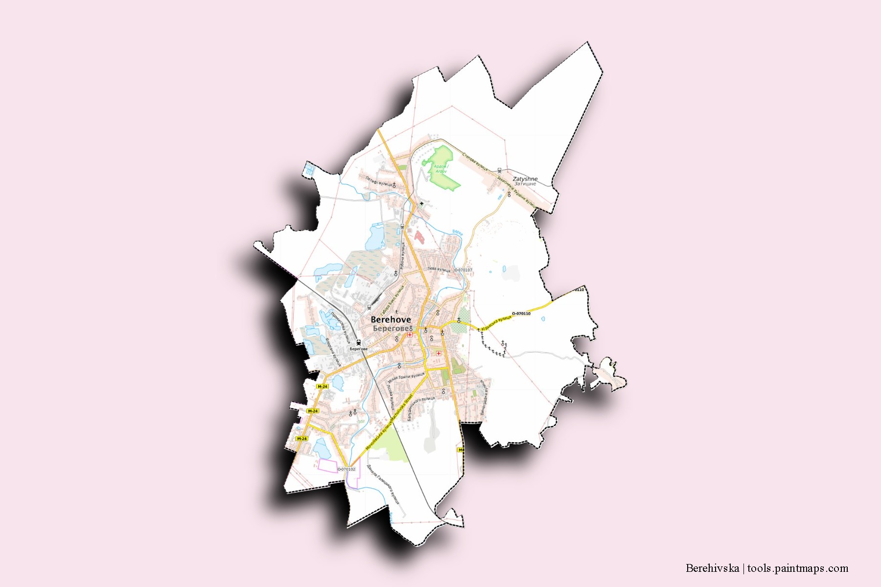 Berehivska neighborhoods and villages map with 3D shadow effect