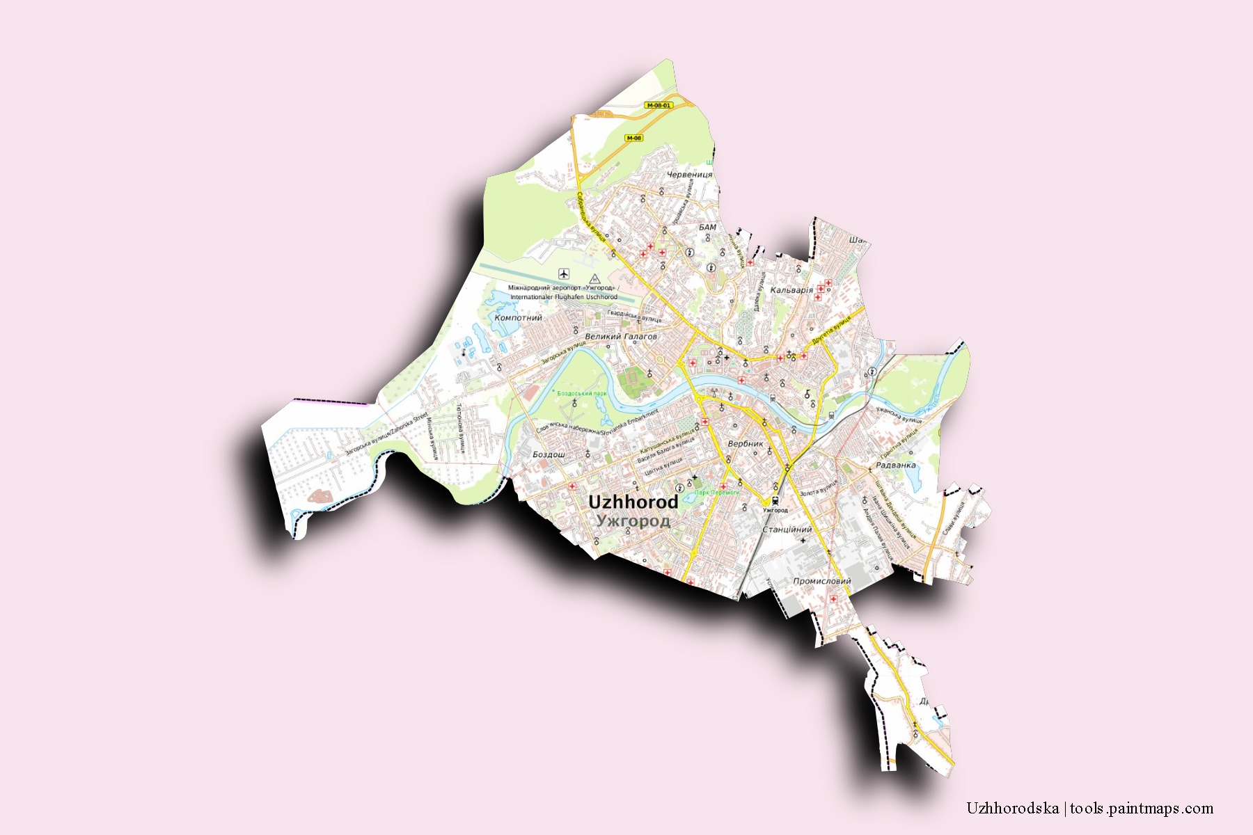 Mapa de barrios y pueblos de Uzhhorodska con efecto de sombra 3D