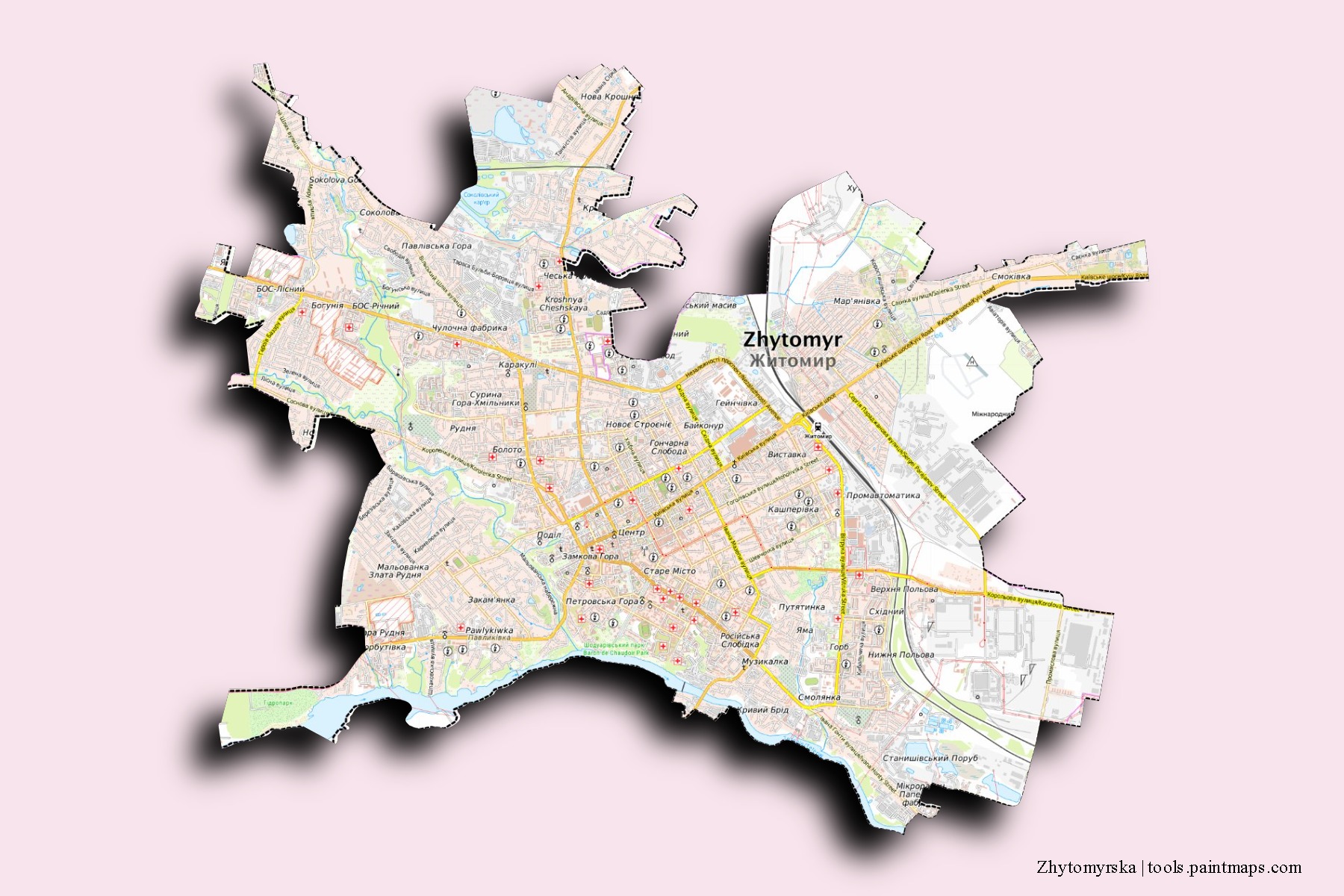 Zhytomyrs'ka neighborhoods and villages map with 3D shadow effect