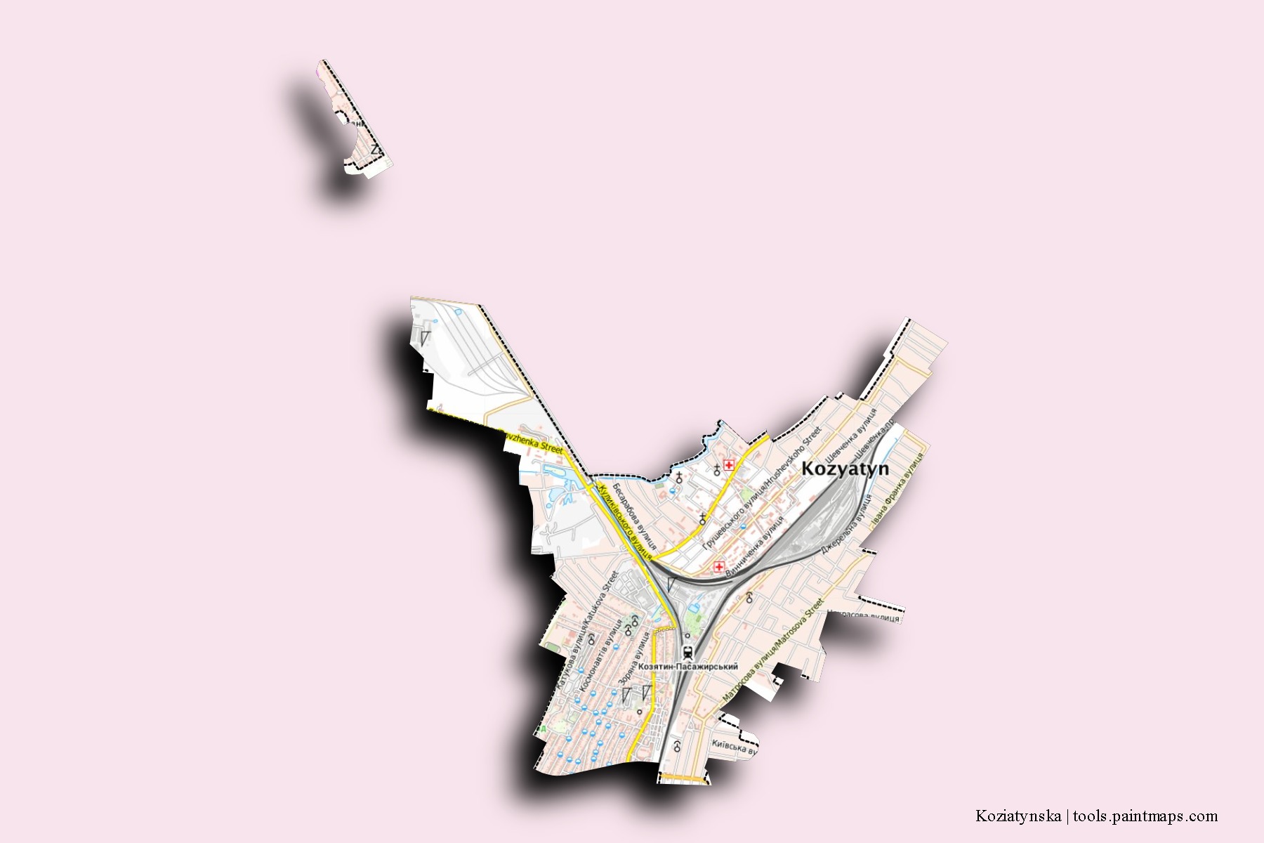 Mapa de barrios y pueblos de Koziatynska con efecto de sombra 3D