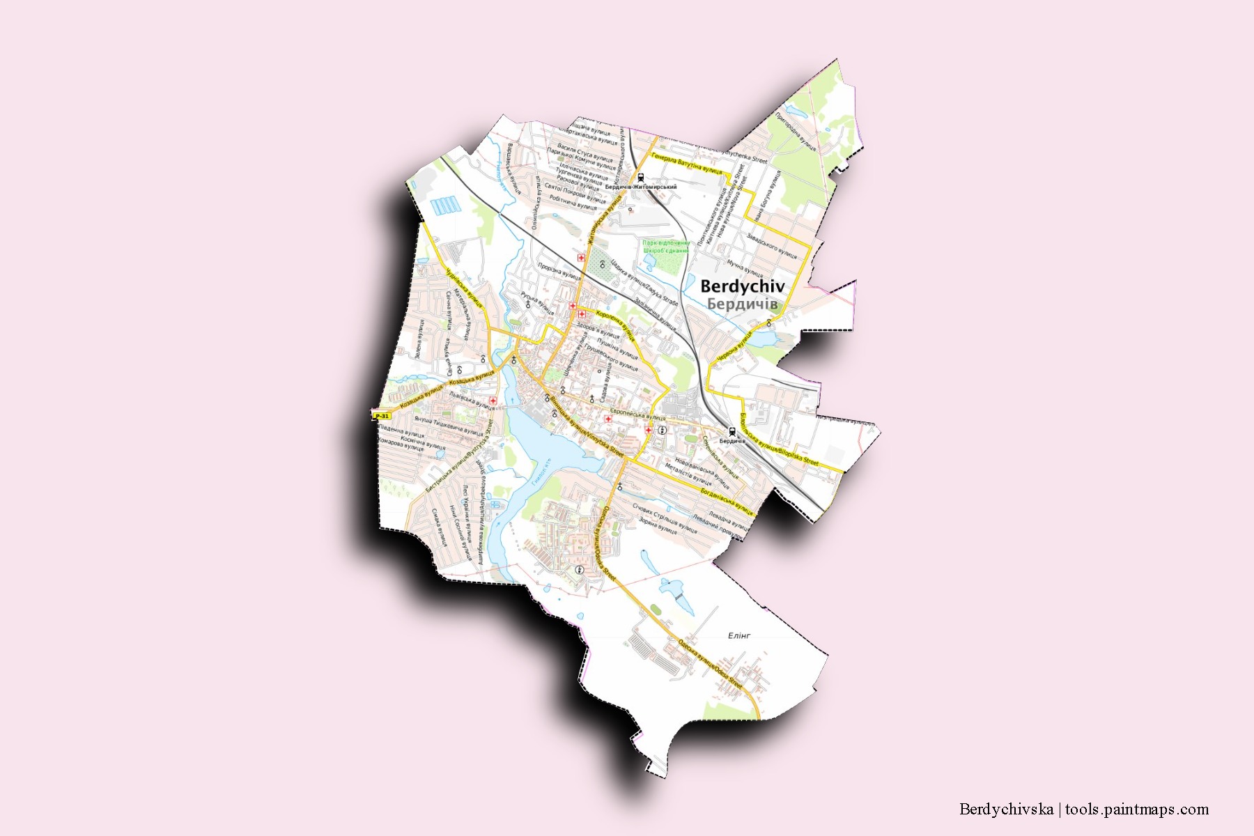 Mapa de barrios y pueblos de Berdychivska con efecto de sombra 3D