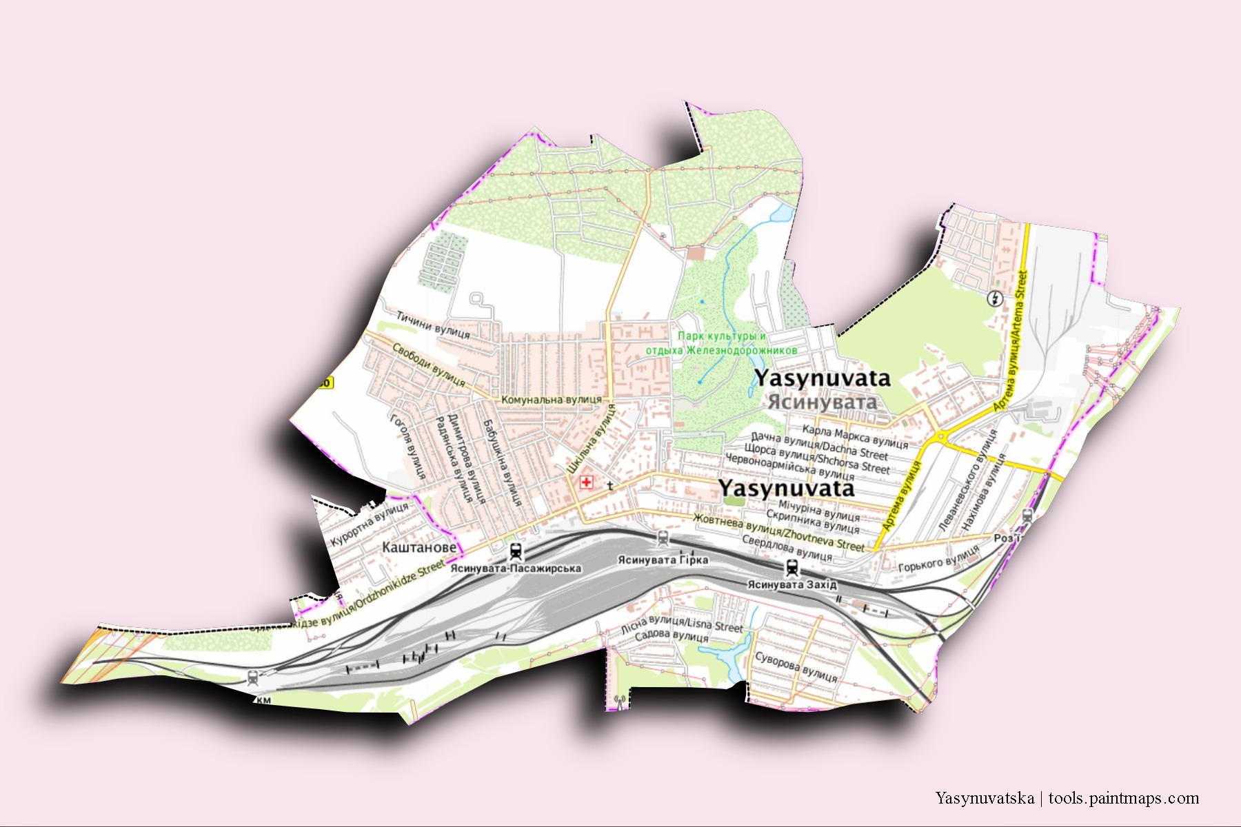 Yasynuvatska neighborhoods and villages map with 3D shadow effect