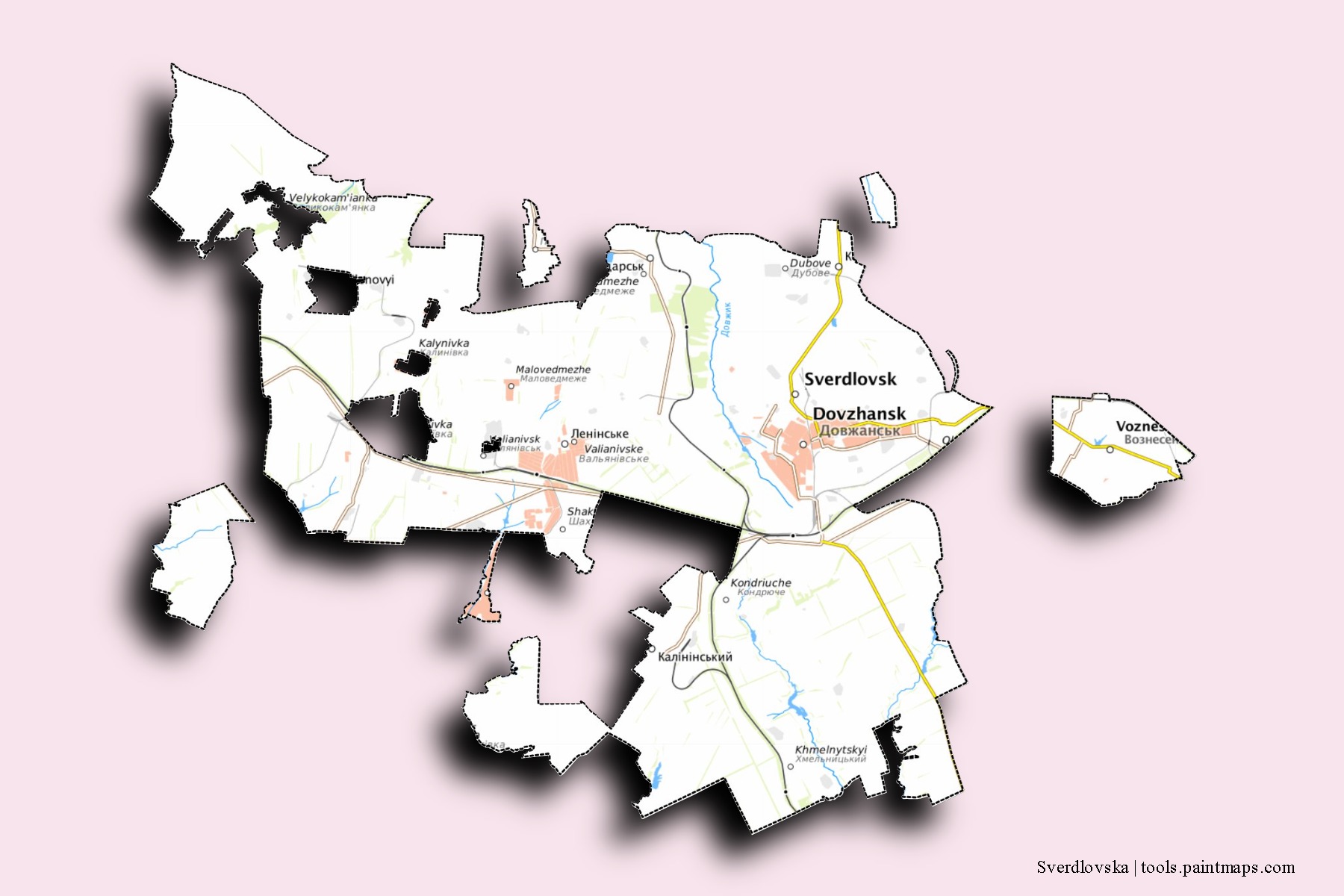 Mapa de barrios y pueblos de Sverdlovska con efecto de sombra 3D