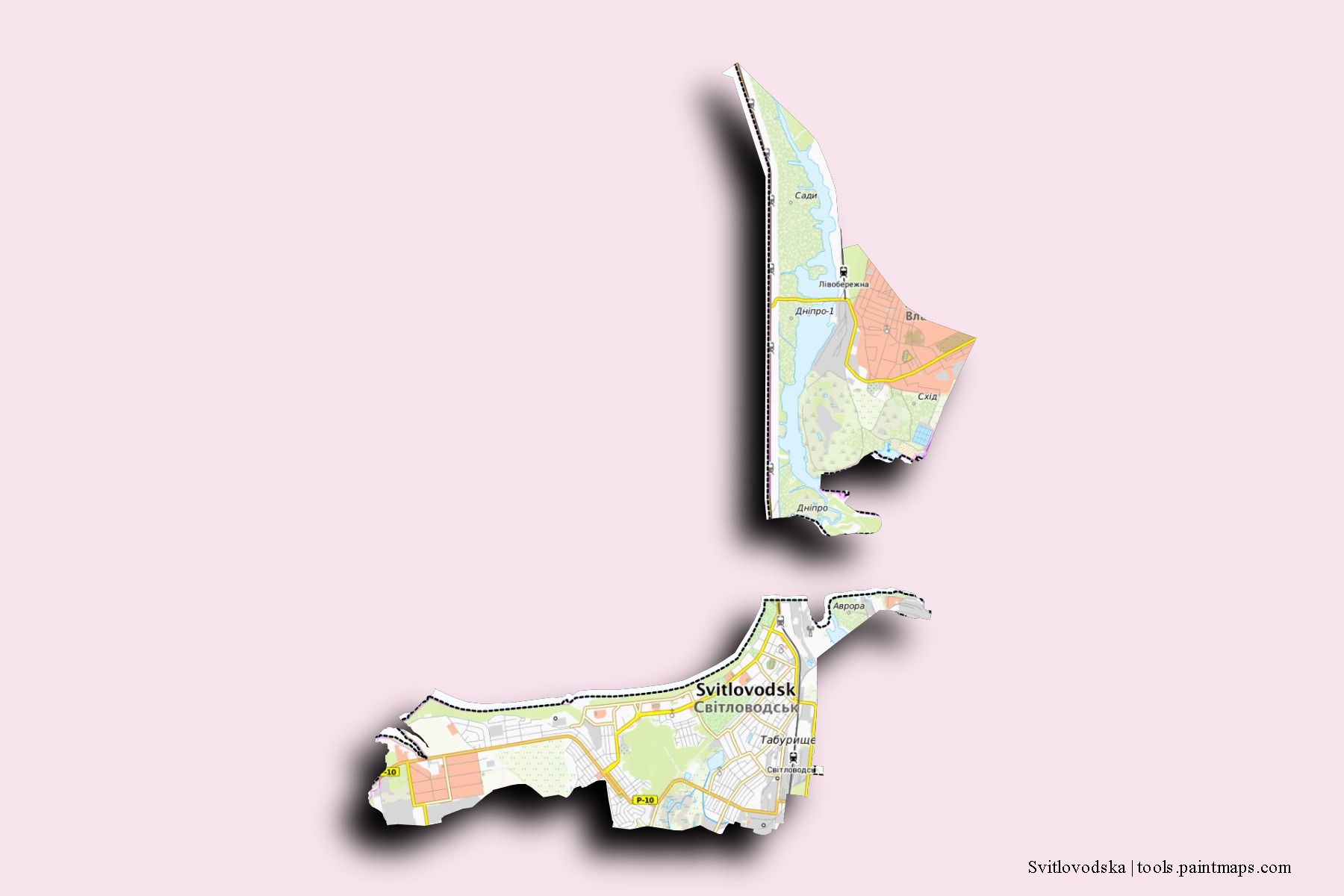 Mapa de barrios y pueblos de Svitlovodska con efecto de sombra 3D