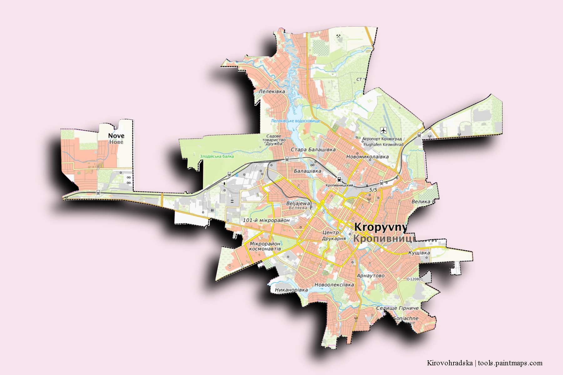 Mapa de barrios y pueblos de Kirovohradska con efecto de sombra 3D