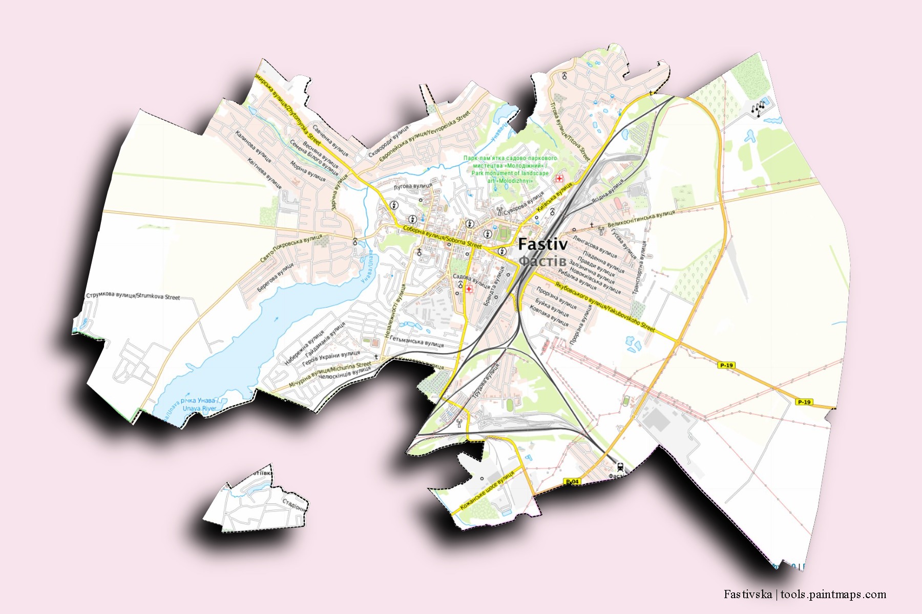 Fastivs'ka neighborhoods and villages map with 3D shadow effect