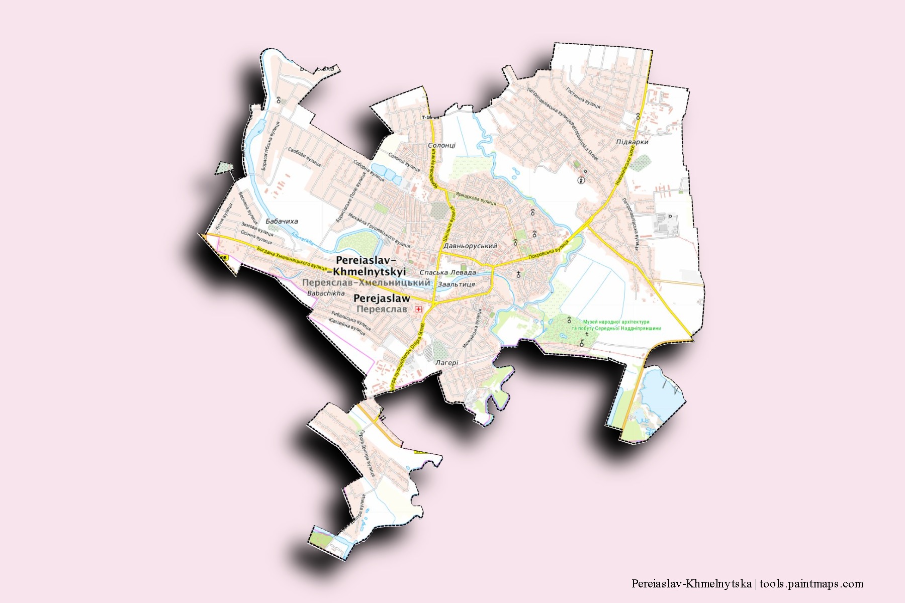 Mapa de barrios y pueblos de Pereiaslav-Khmelnytska con efecto de sombra 3D