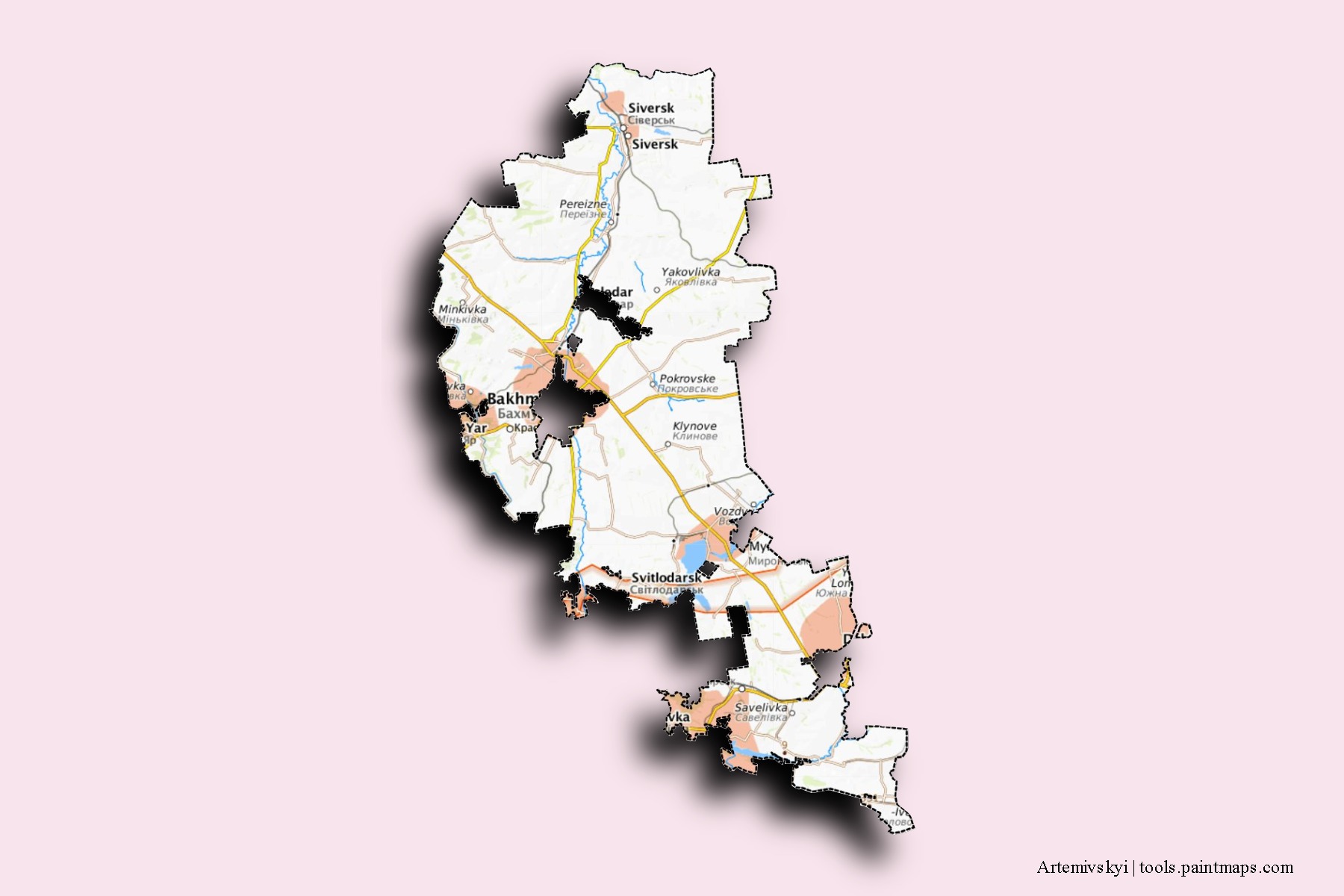 Artemivs'kyi neighborhoods and villages map with 3D shadow effect