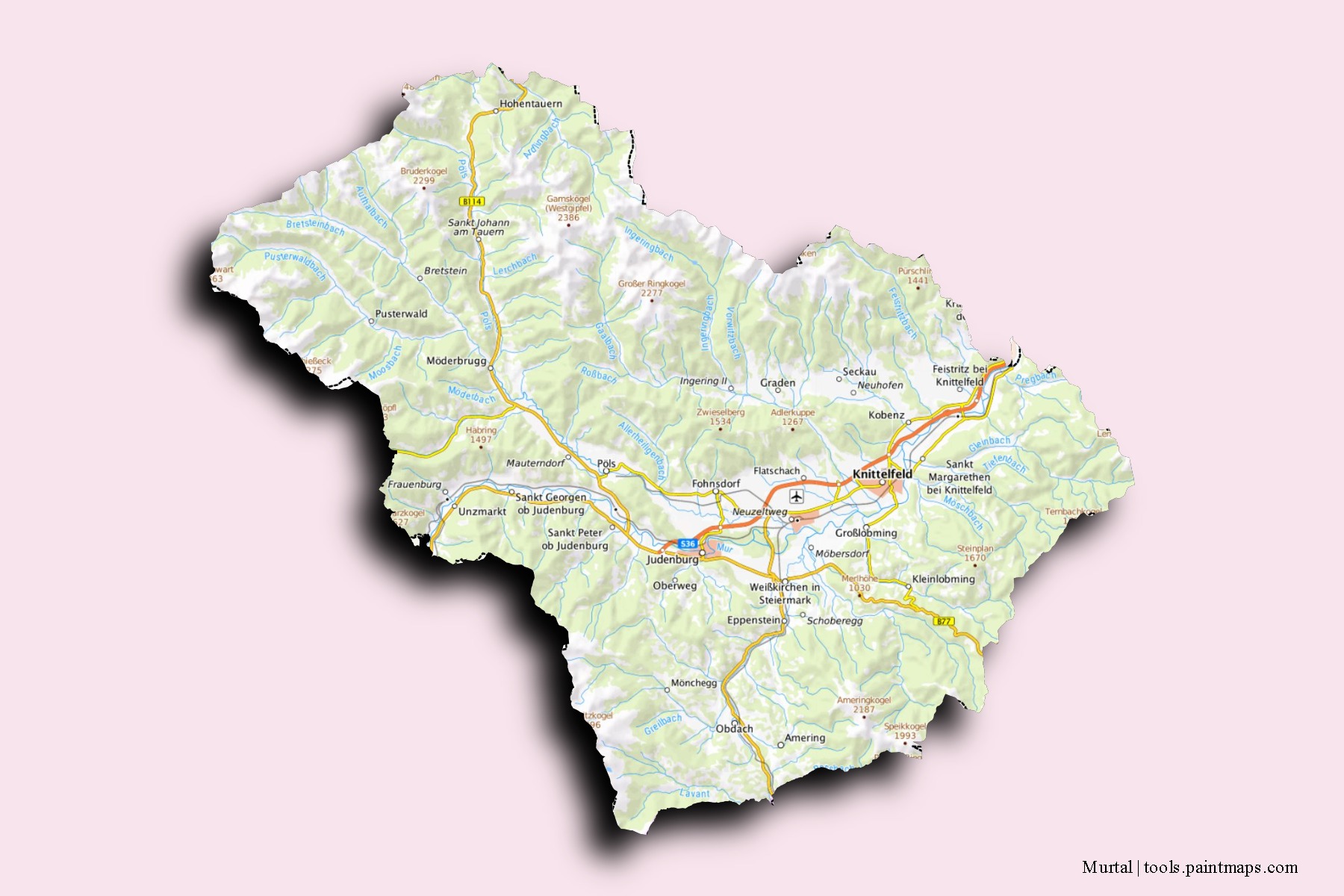 Mapa de barrios y pueblos de Murtal con efecto de sombra 3D