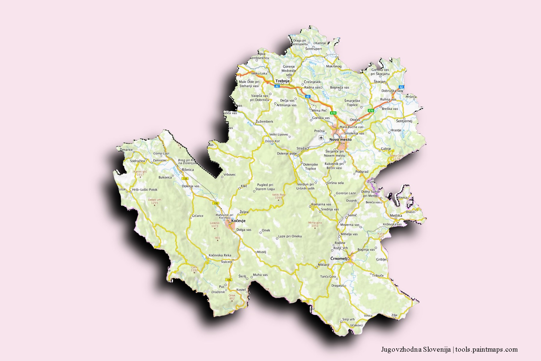 Mapa de Jugovzhodna Slovenija y sus distritos con efecto de sombra 3D