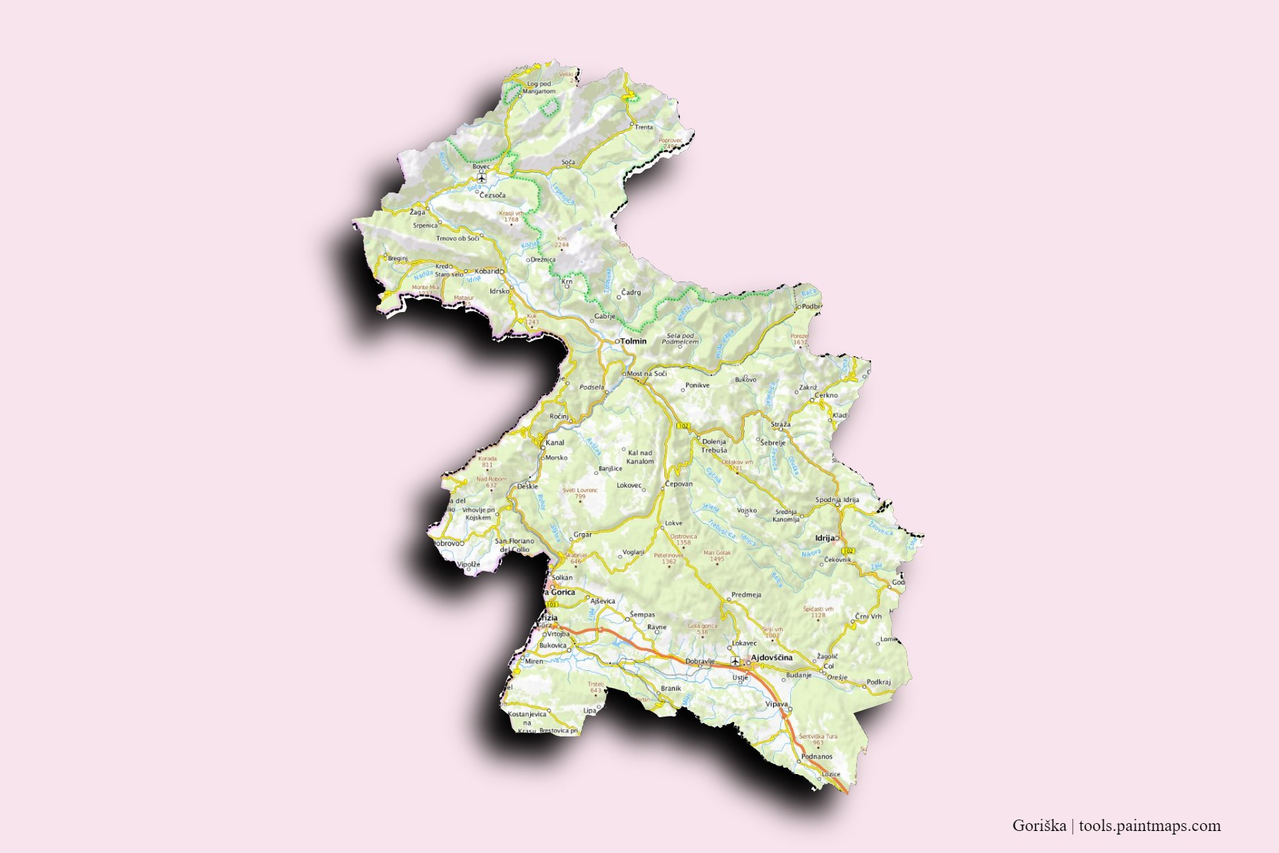 Gorizia and counties map with 3D shadow effect