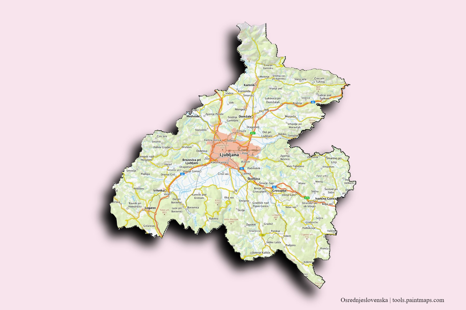 Central Slovenia and counties map with 3D shadow effect