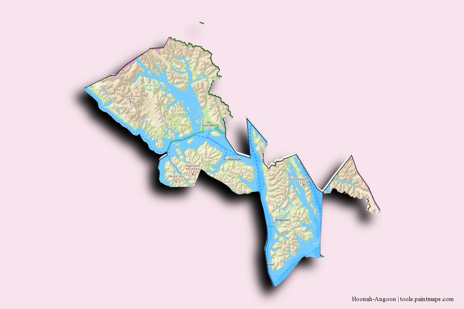 Mapa de barrios y pueblos de Hoonah-Angoon con efecto de sombra 3D