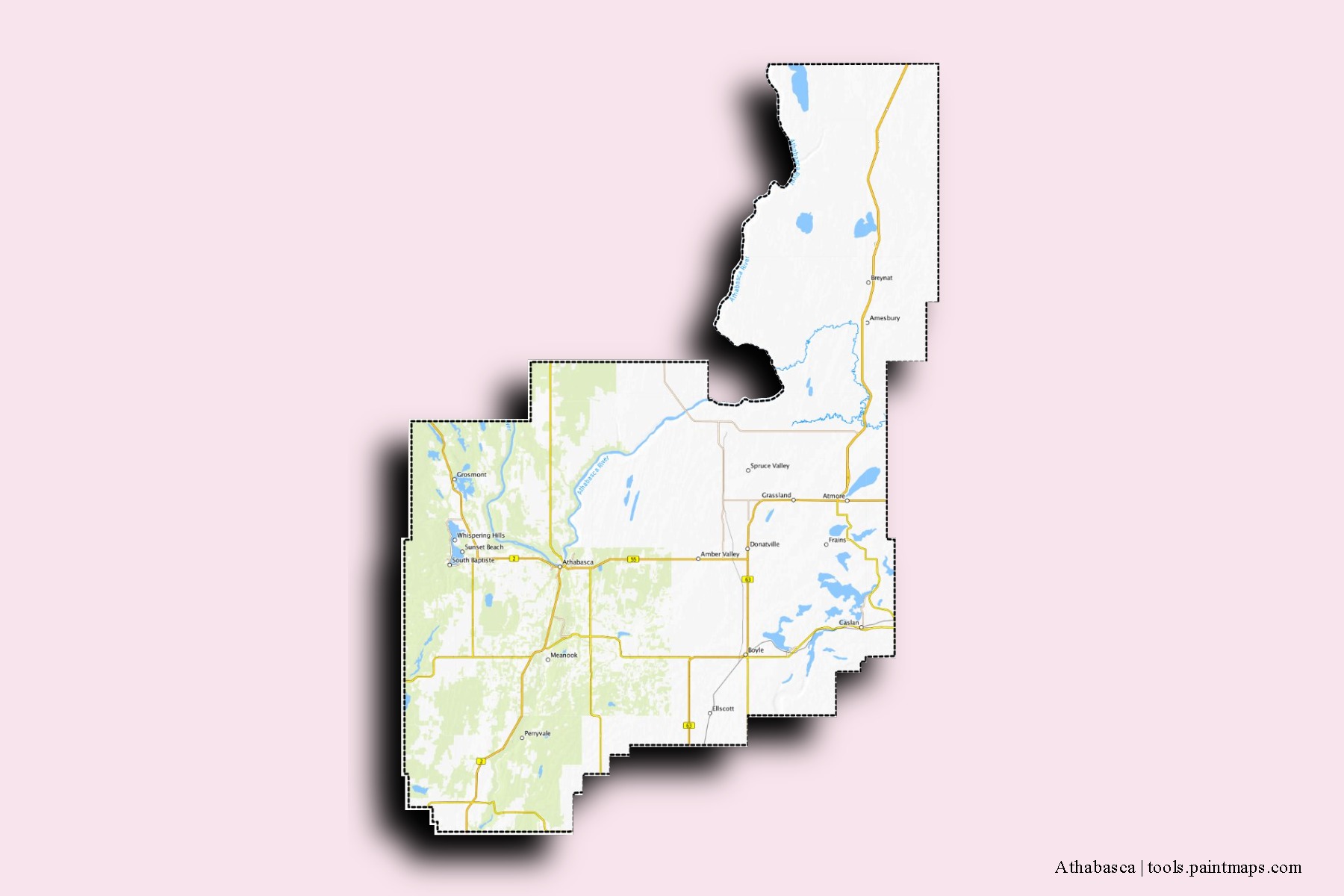 Athabasca neighborhoods and villages map with 3D shadow effect