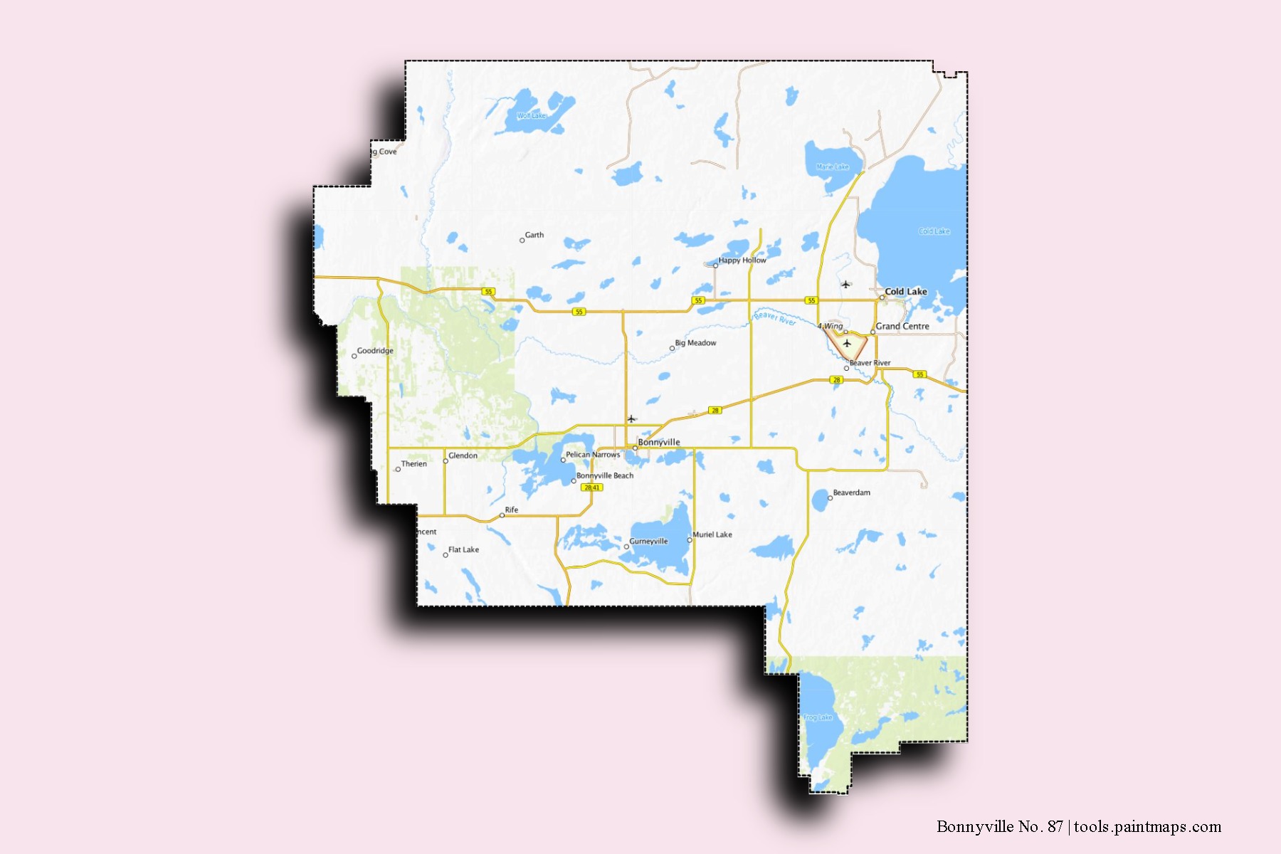 Bonnyville No. 87 neighborhoods and villages map with 3D shadow effect