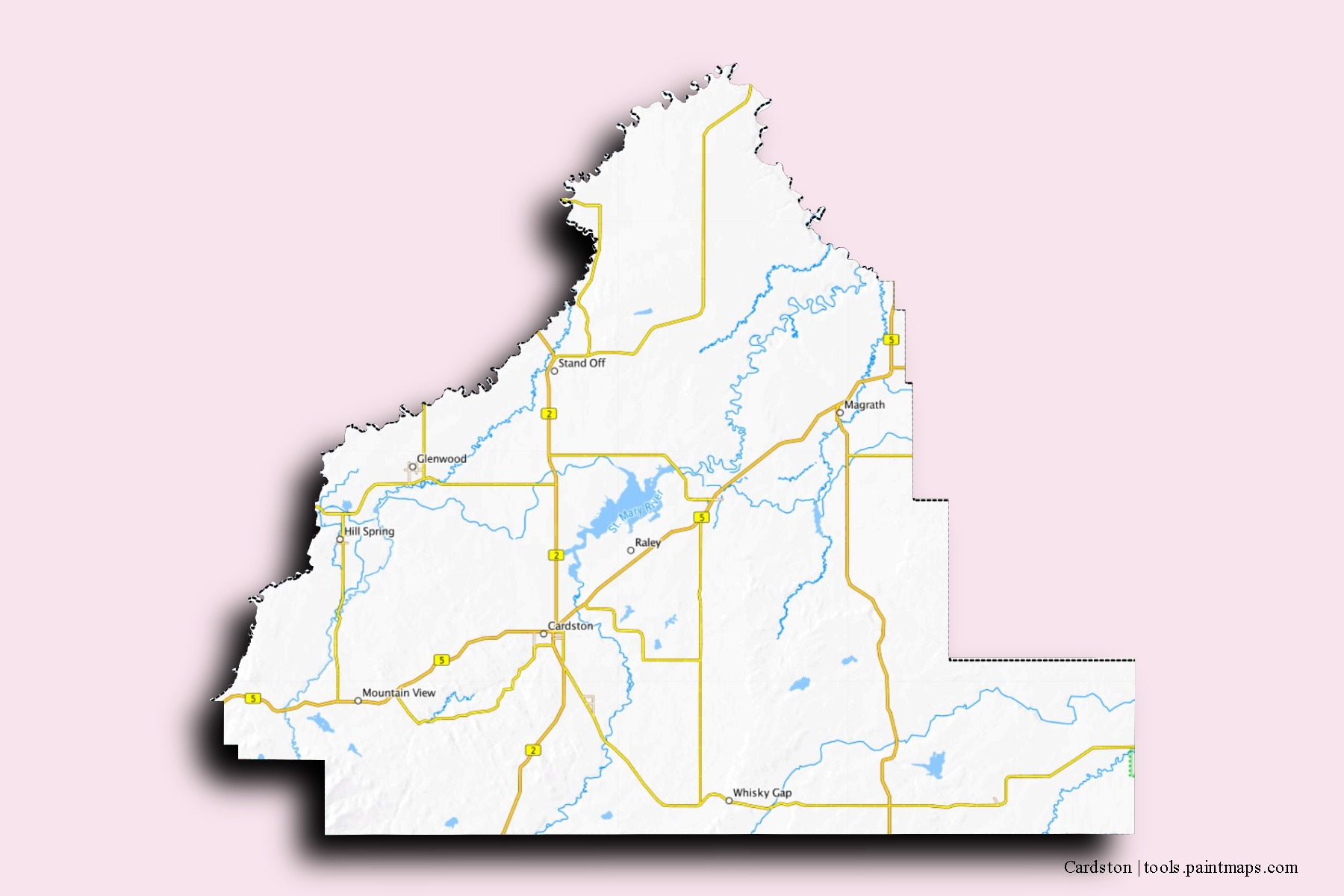 Cardston neighborhoods and villages map with 3D shadow effect