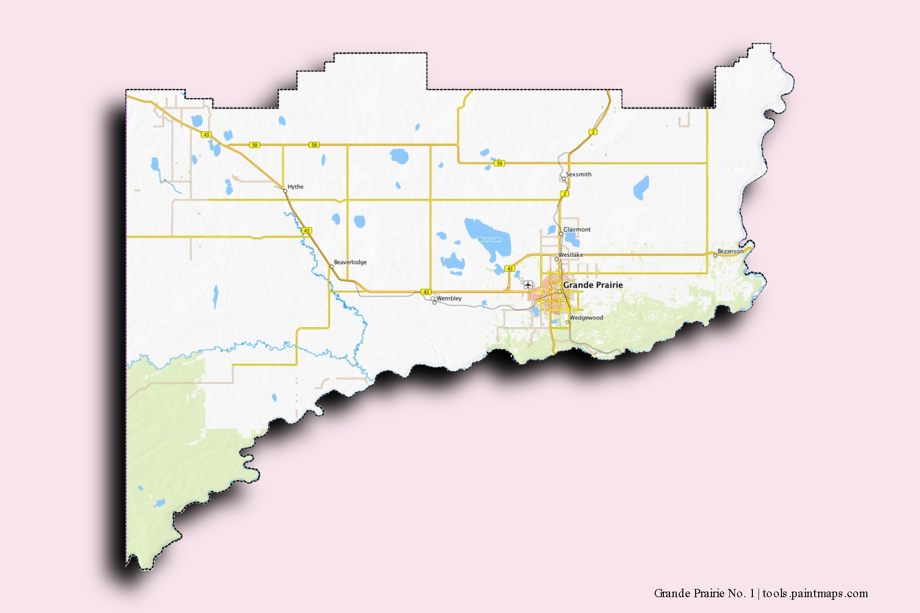 Grande Prairie No. 1 neighborhoods and villages map with 3D shadow effect