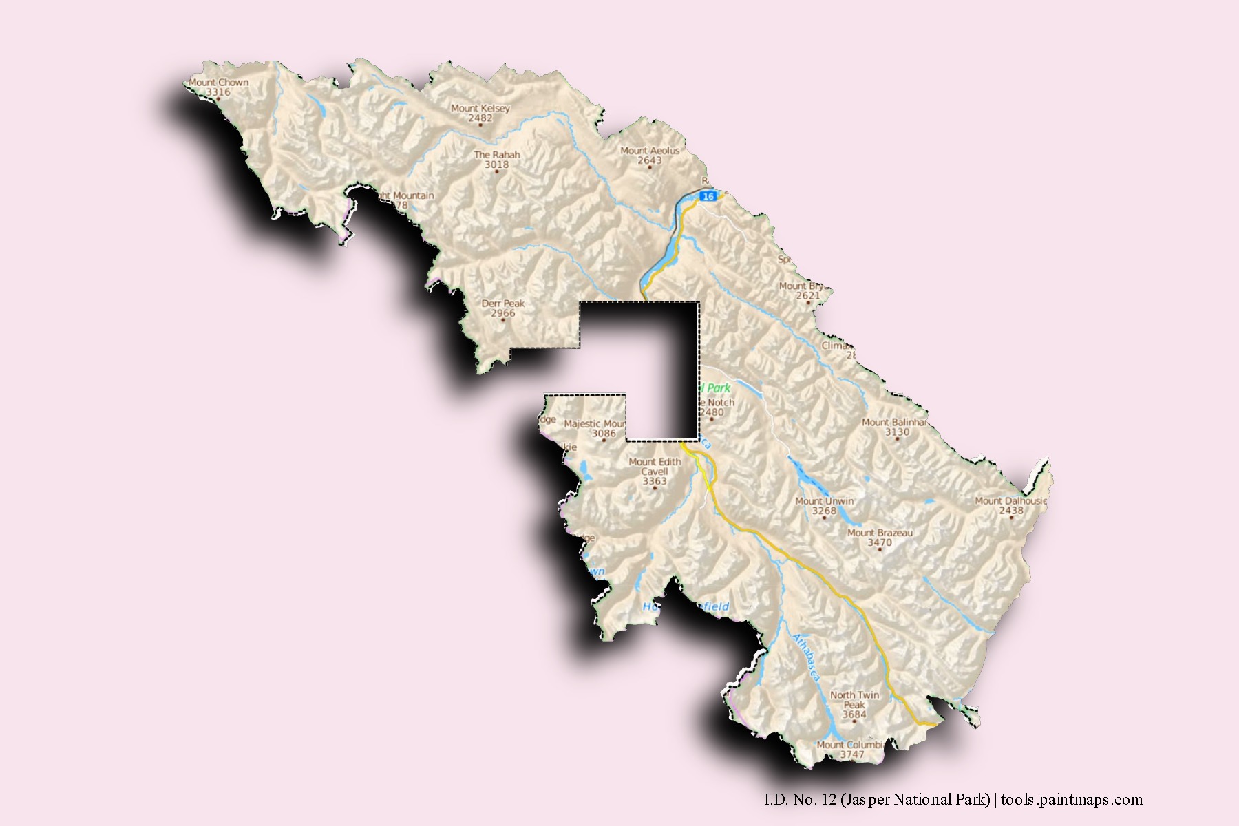 I.D. No. 12 (Jasper National Park) neighborhoods and villages map with 3D shadow effect