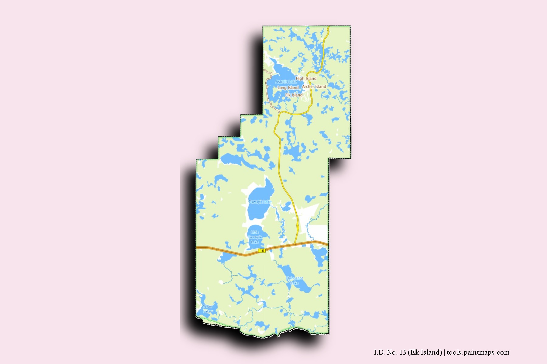 Mapa de barrios y pueblos de I.D. No. 13 (Elk Island) con efecto de sombra 3D