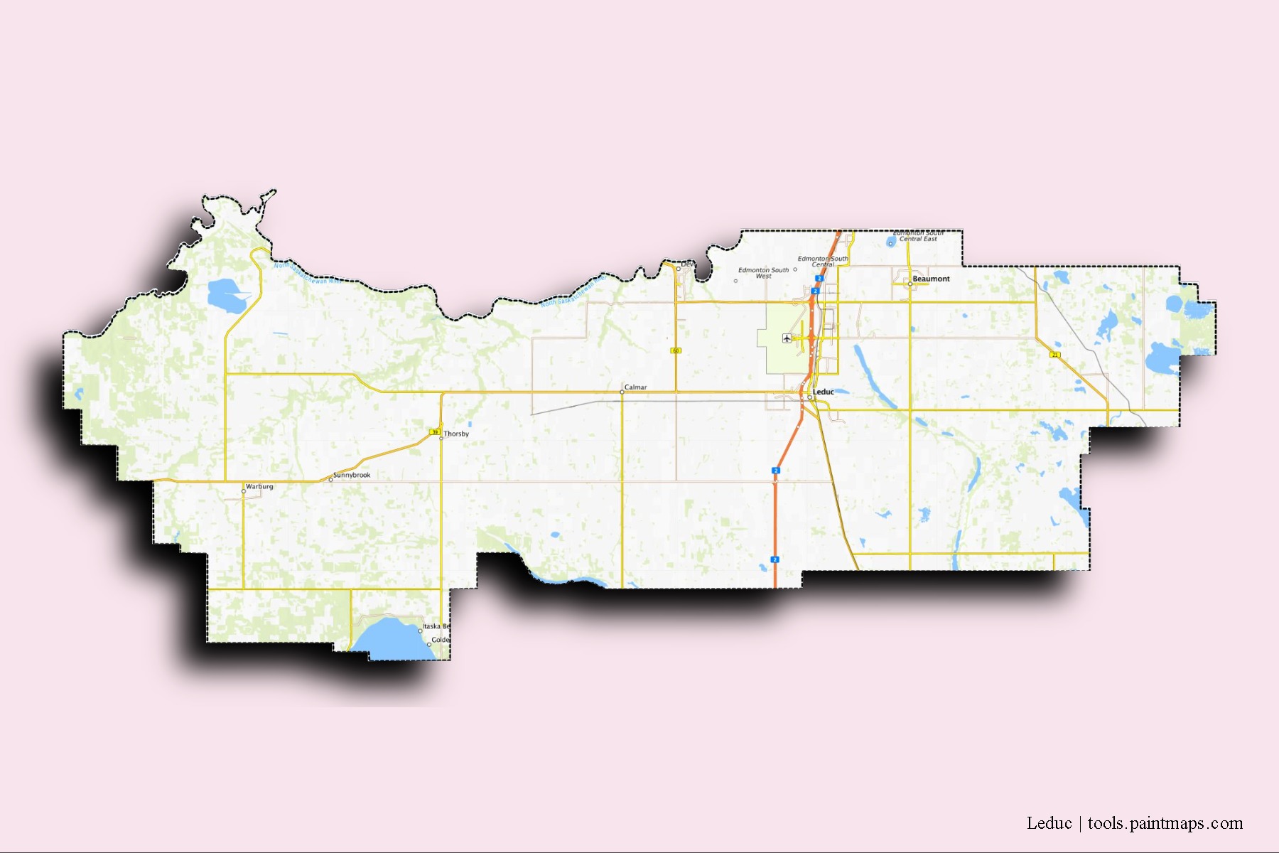 Leduc neighborhoods and villages map with 3D shadow effect